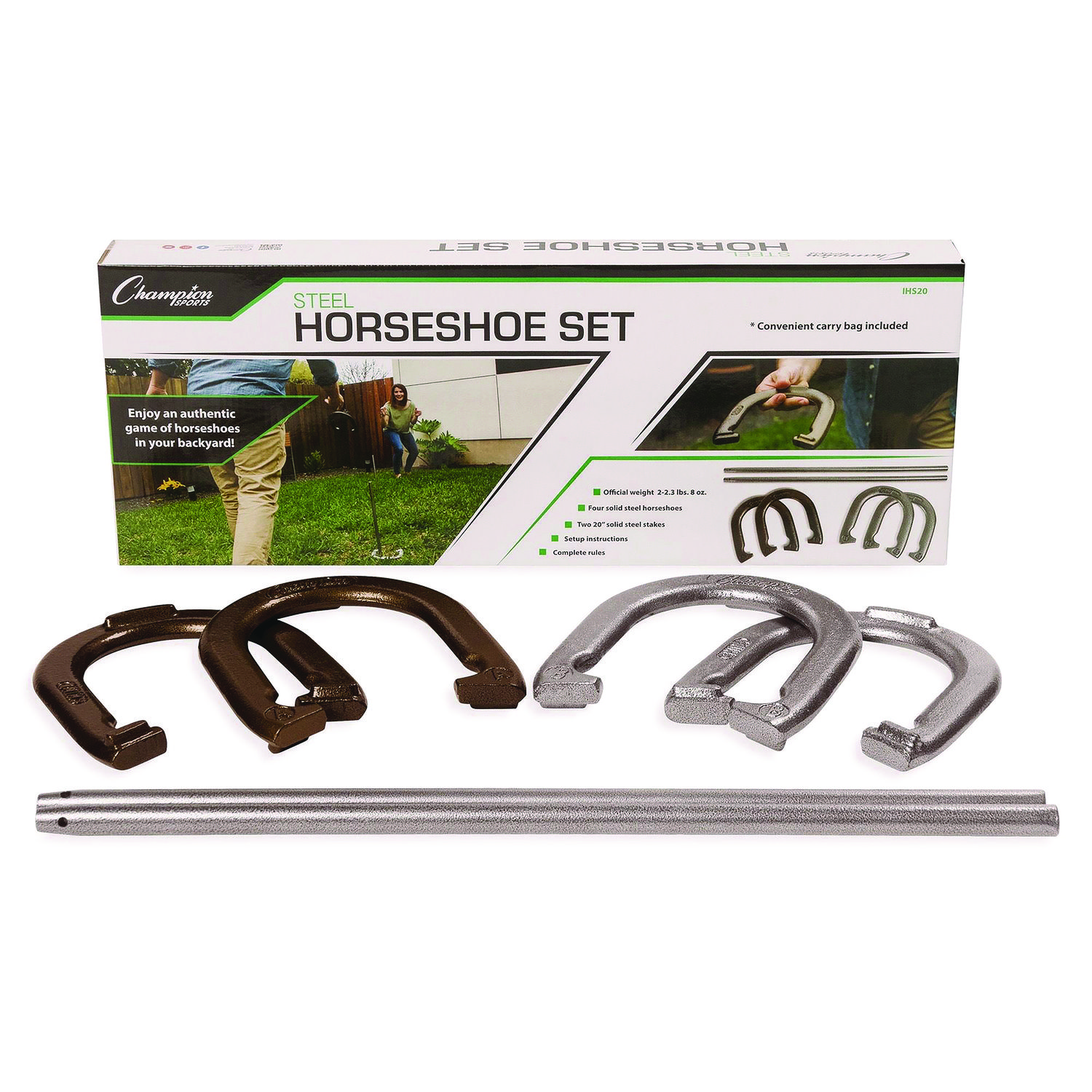 Steel Horseshoe Set, (4) Horseshoes/(2) 20″ Stakes/Nylon Carry Bag