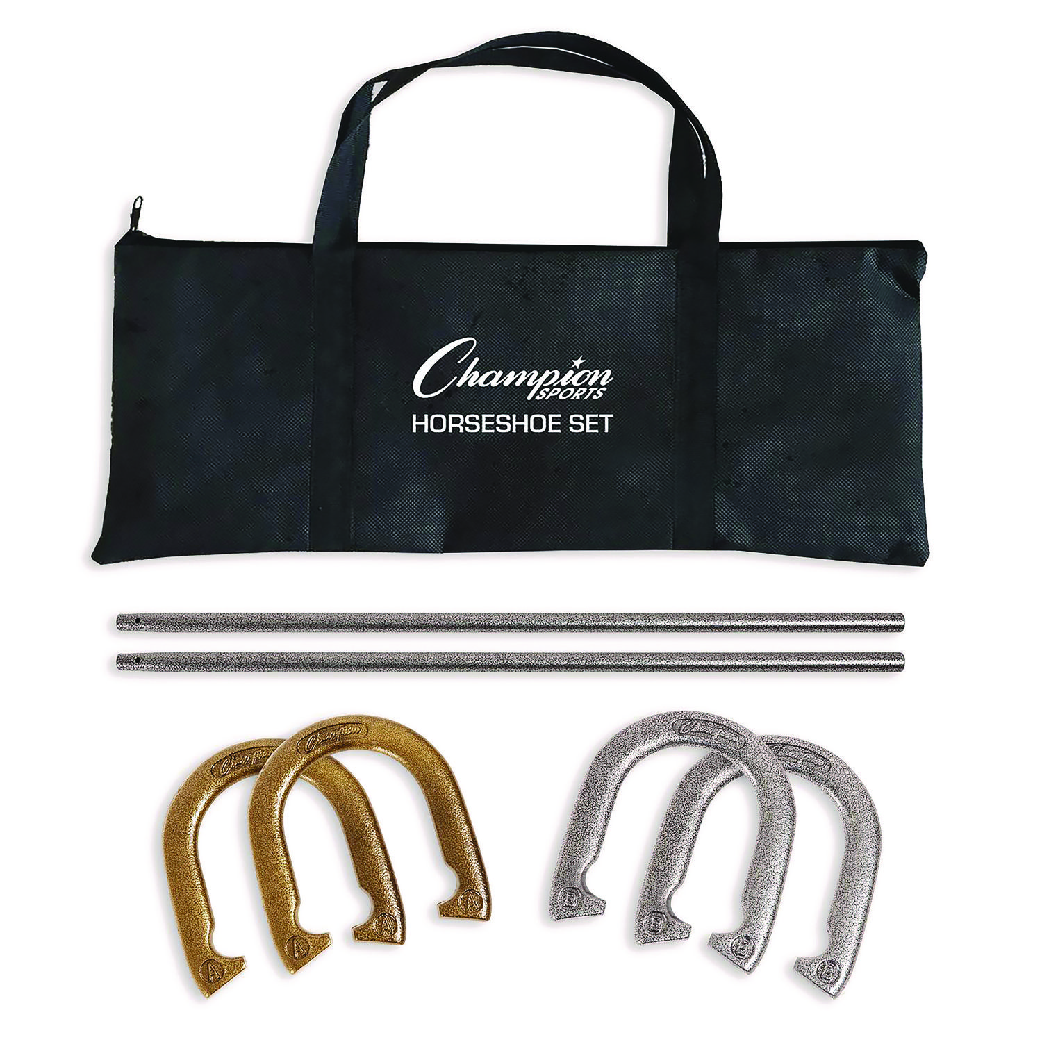 Steel Horseshoe Set, (4) Horseshoes/(2) 24″ Stakes/Nylon Carry Bag