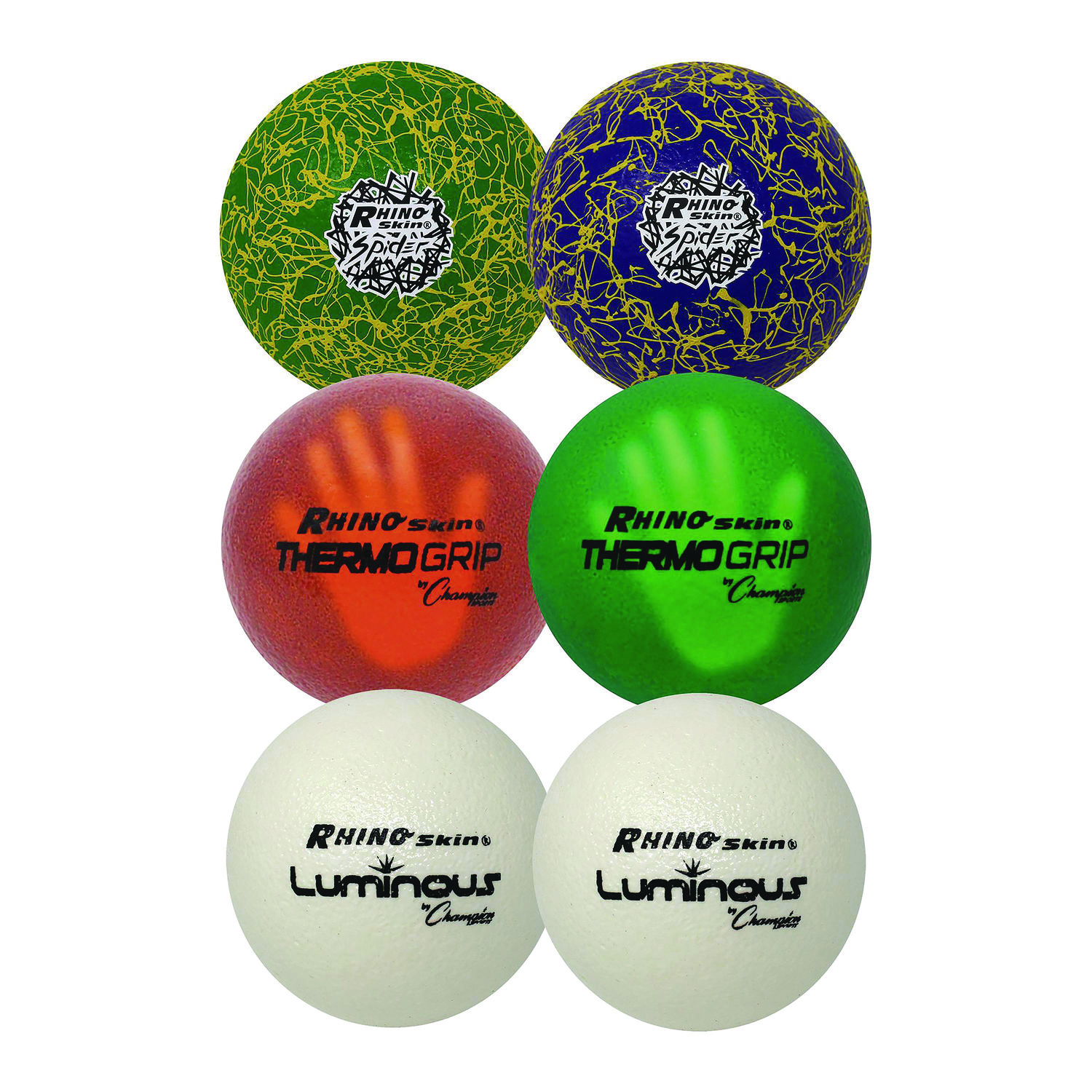 Rhino Skin Variety Dodgeball Set, 6.3″ Diameter, Luminous/Spider/ThermoGrip, 6/Set