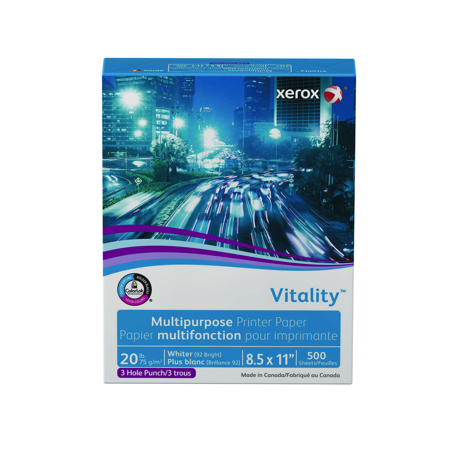 Vitality Multipurpose Print Paper, 92 Bright, 3-Hole, 20 lb Bond Weight, 8.5 x 11, White, 500/Ream