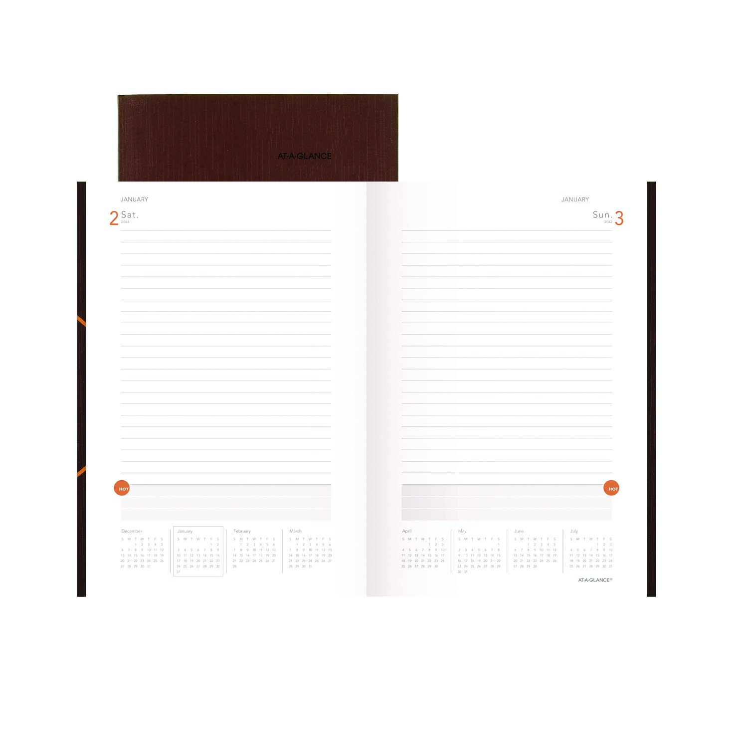 One-Day-Per-Page Planning Notebook, 9 x 6, Dark Brown/Orange Cover, 12-Month (Jan to Dec): 2025