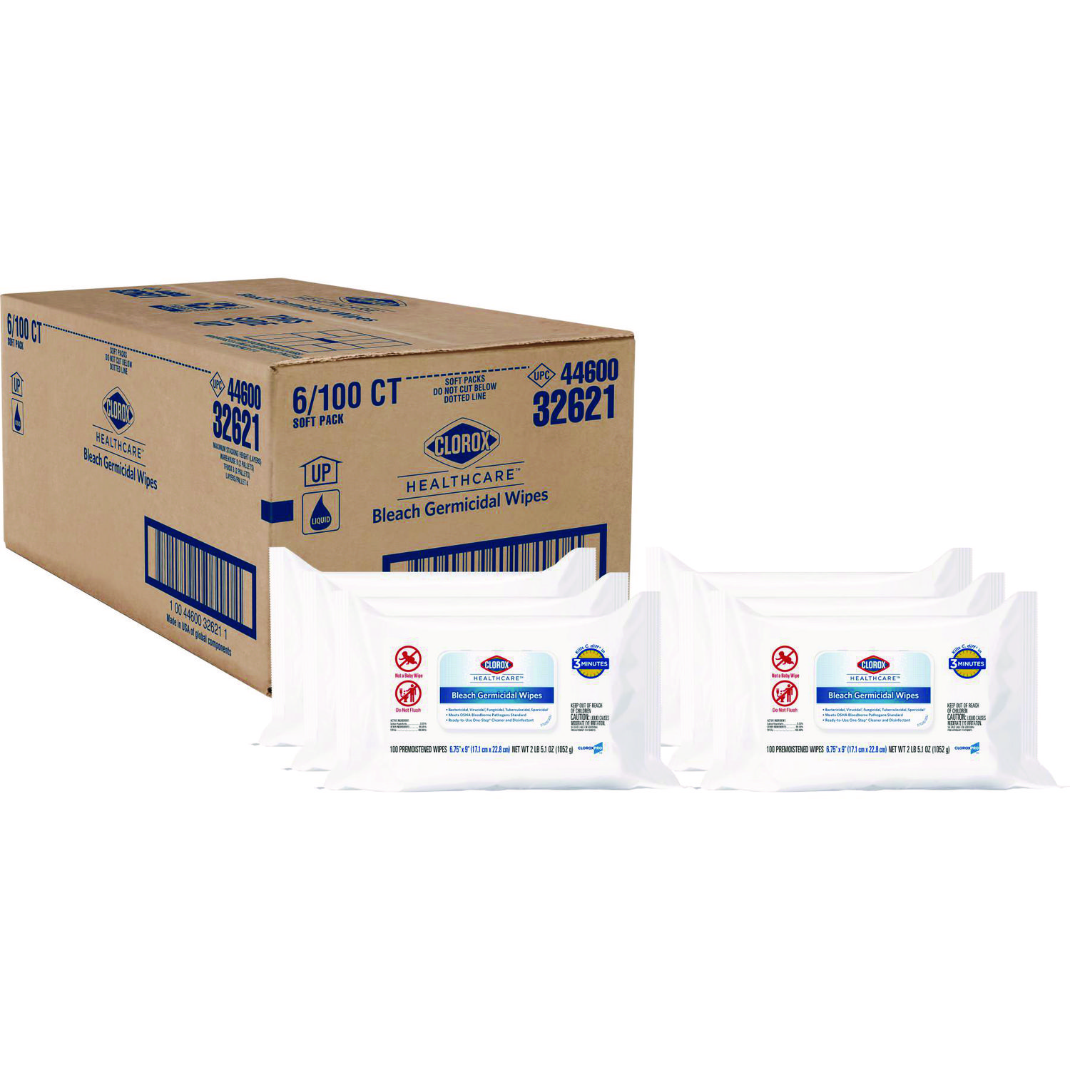 Bleach Germicidal Wipes, 1-Ply, 6.75 x 9, Unscented, White, 100 Wipes/Flat Pack, 6 Packs/Carton