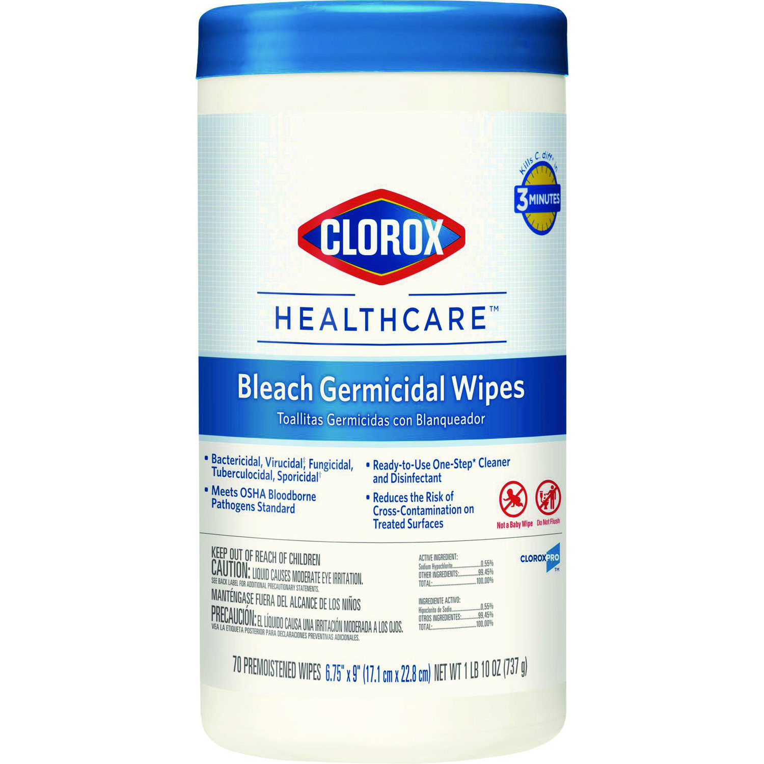 Bleach Germicidal Wipes, 1-Ply, 6.75 x 9, Unscented, White, 70/Canister