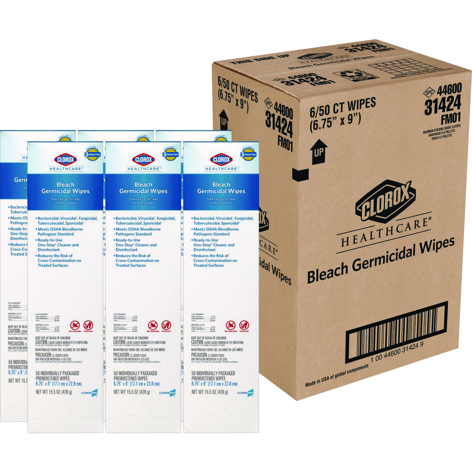 Bleach Germicidal Wipes, 1-Ply, 6.75 x 9, Unscented, White, 50/Box, 6 Boxes/Carton