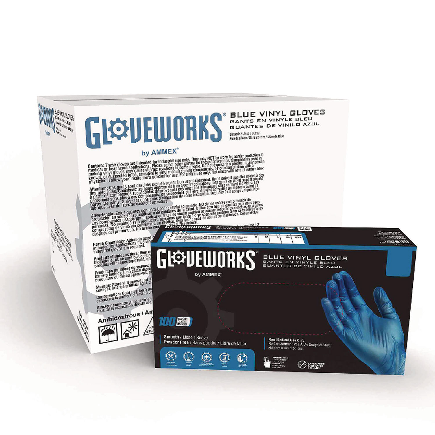 GloveWorks® by AMMEX® Industrial Vinyl Gloves, Powder-Free, 3 mil, Medium, Blue, 100 Gloves/Box, 10 Boxes/Carton