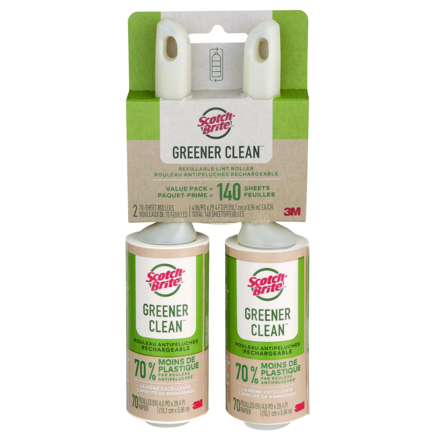 Greener Clean Lint Roller, 4″ x 29.4 ft, 70 Sheets/Roll, 2/Pack