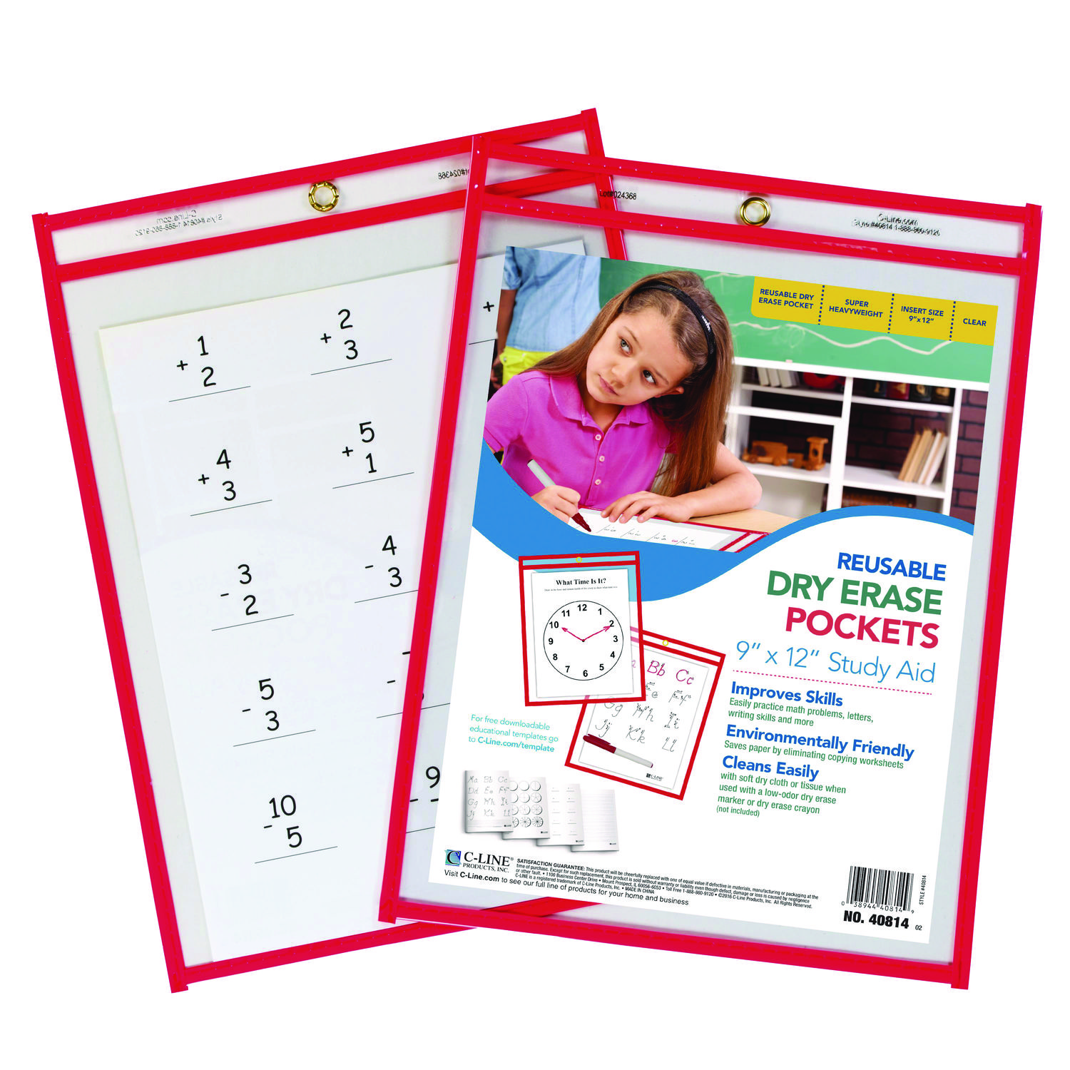 Reusable Dry Erase Pockets, 9 x 12, Neon Red, 30/Pack