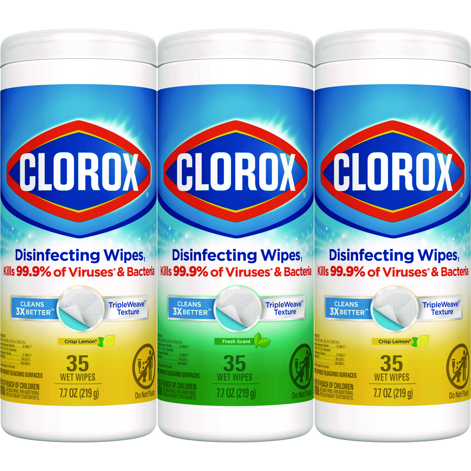 Disinfecting Wipes, 1-Ply, 7 x 8, Fresh Scent/Citrus Blend, White, 35/Canister, 3 Canisters/Pack