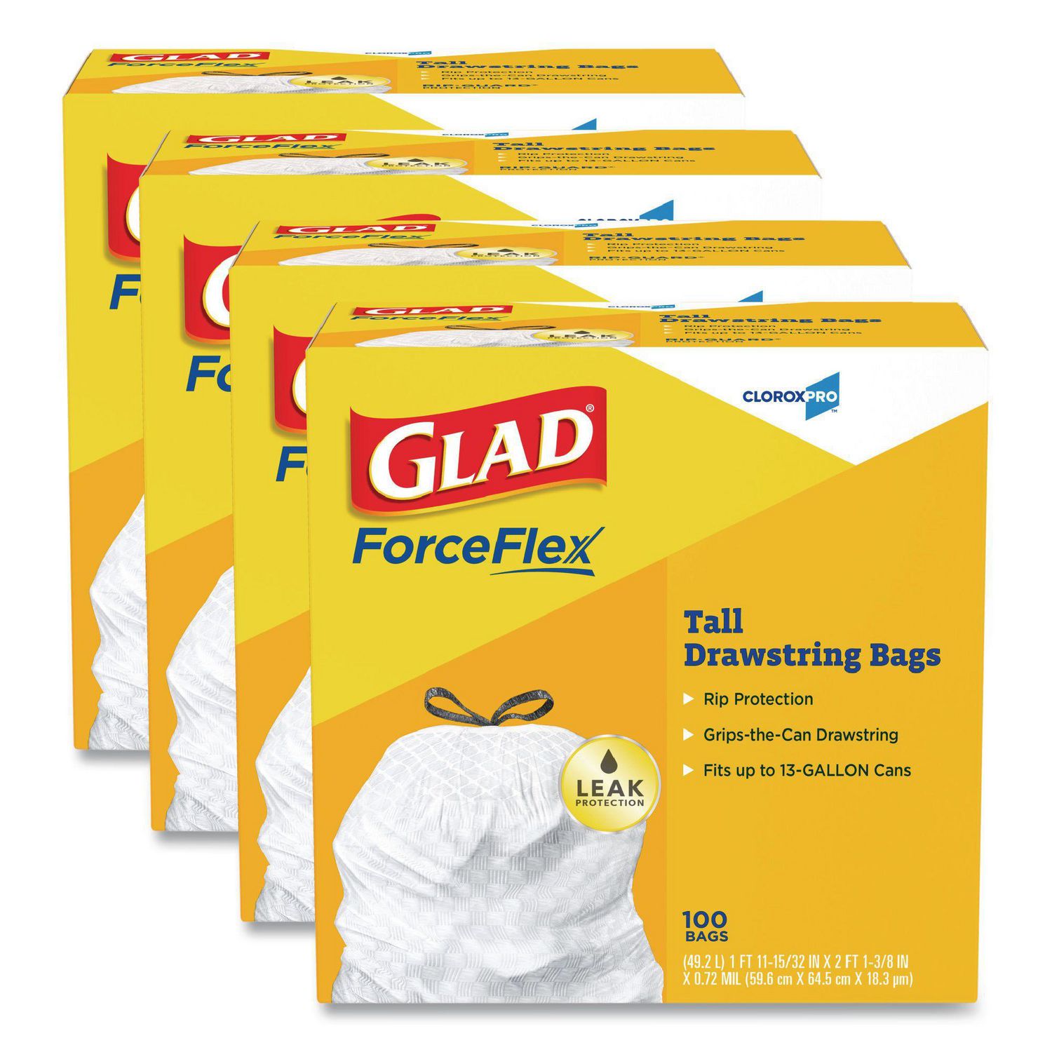 CloroxPro ForceFlex Tall Kitchen Drawstring Trash Bags, 13 gal, 24 x 27.38, Gray, 100 Bags/Box, 4 Boxes/Carton