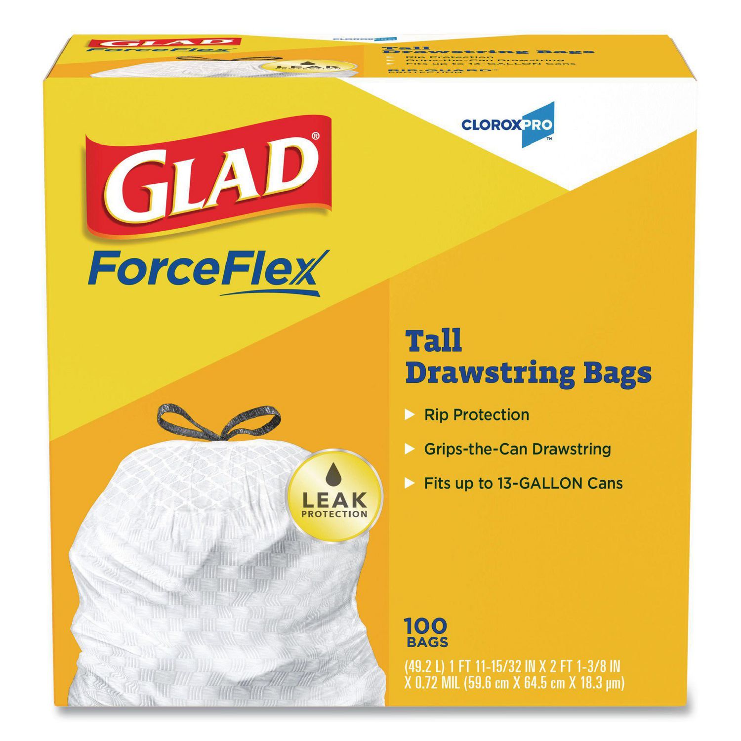 CloroxPro ForceFlex Tall Kitchen Drawstring Trash Bags, 13 gal, 24 x 27.38, Gray, 100/Box