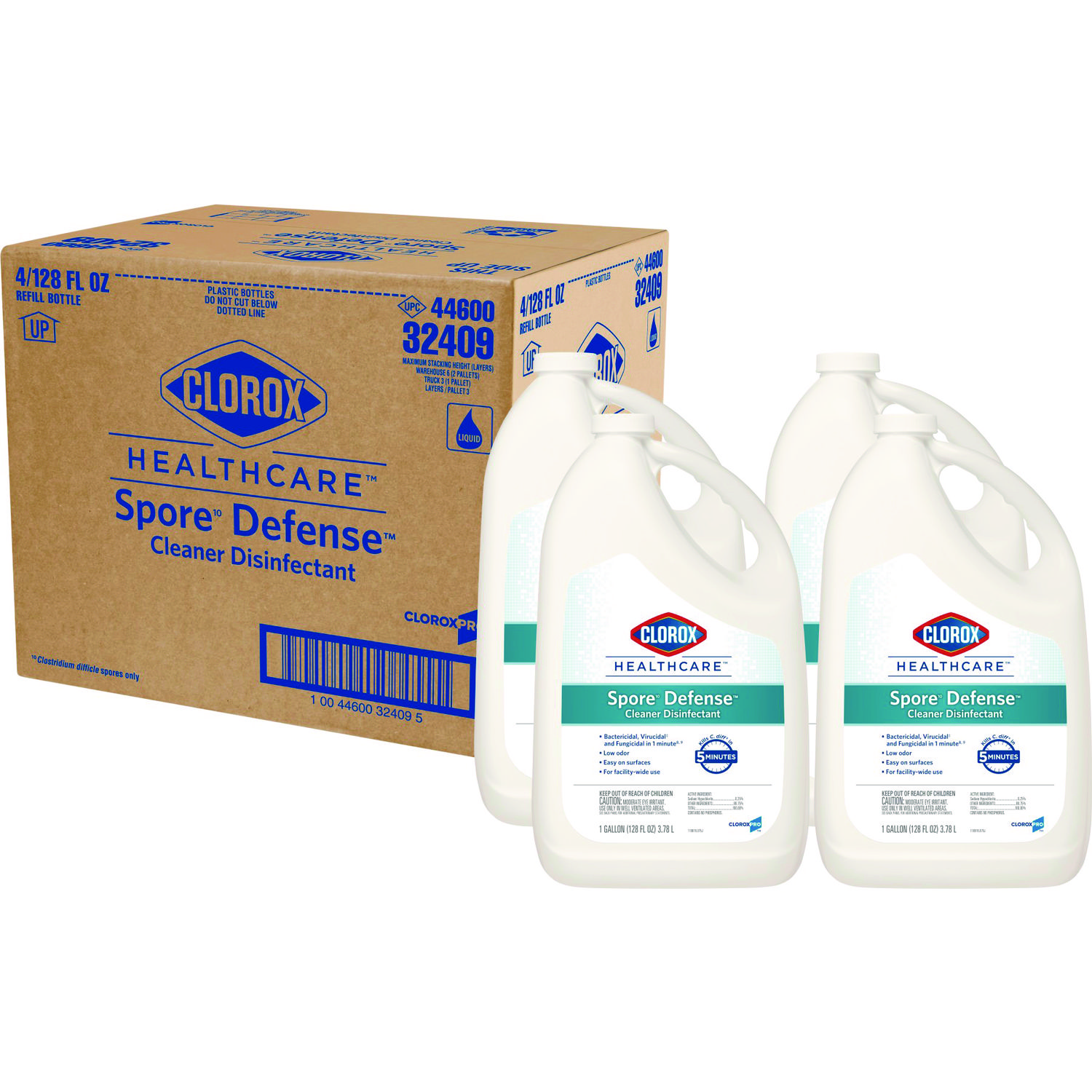 Clorox Healthcare® Spore Defense Cleaner Disinfectant, Open System, 1 gal Refill Bottle, 4/Carton