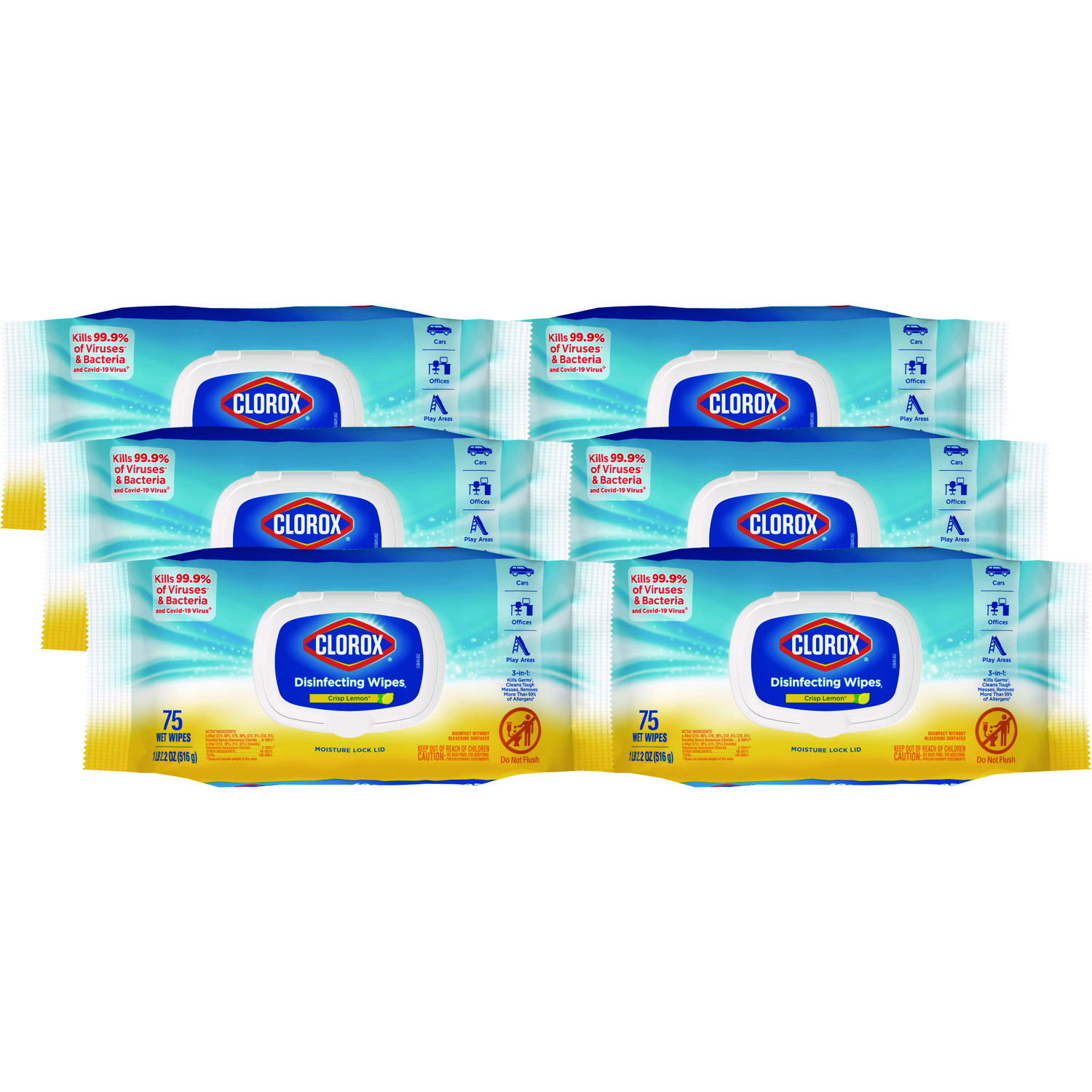 Disinfecting Wipes, Easy Pull Pack, 1-Ply, 8 x 7, Lemon Scent, White, 75 Towels/Box, 6 Boxes/Carton