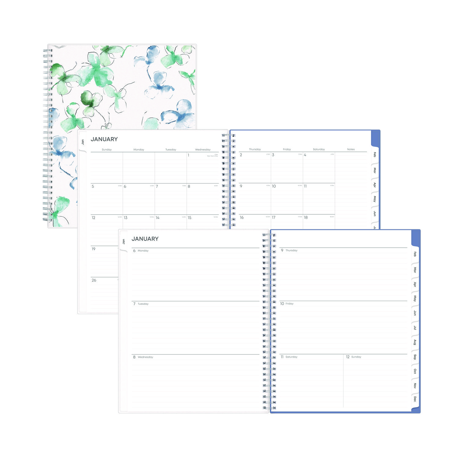 Lindley Weekly/Monthly Planner, Floral Artwork, 11 x 8.5, White/Blue/Green Cover, 12-Month (Jan to Dec): 2025