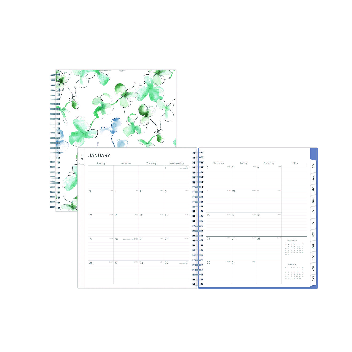 Lindley Monthly Planner, Floral Artwork, 10 x 8, White/Blue/Green Cover, 12-Month (Jan to Dec): 2025