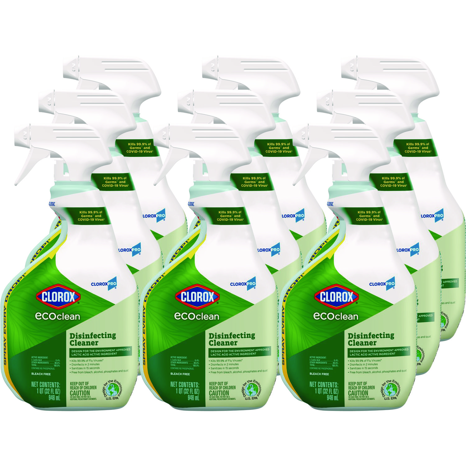 Clorox Pro EcoClean Disinfecting Cleaner, Unscented, 32 oz Spray Bottle, 9/Carton