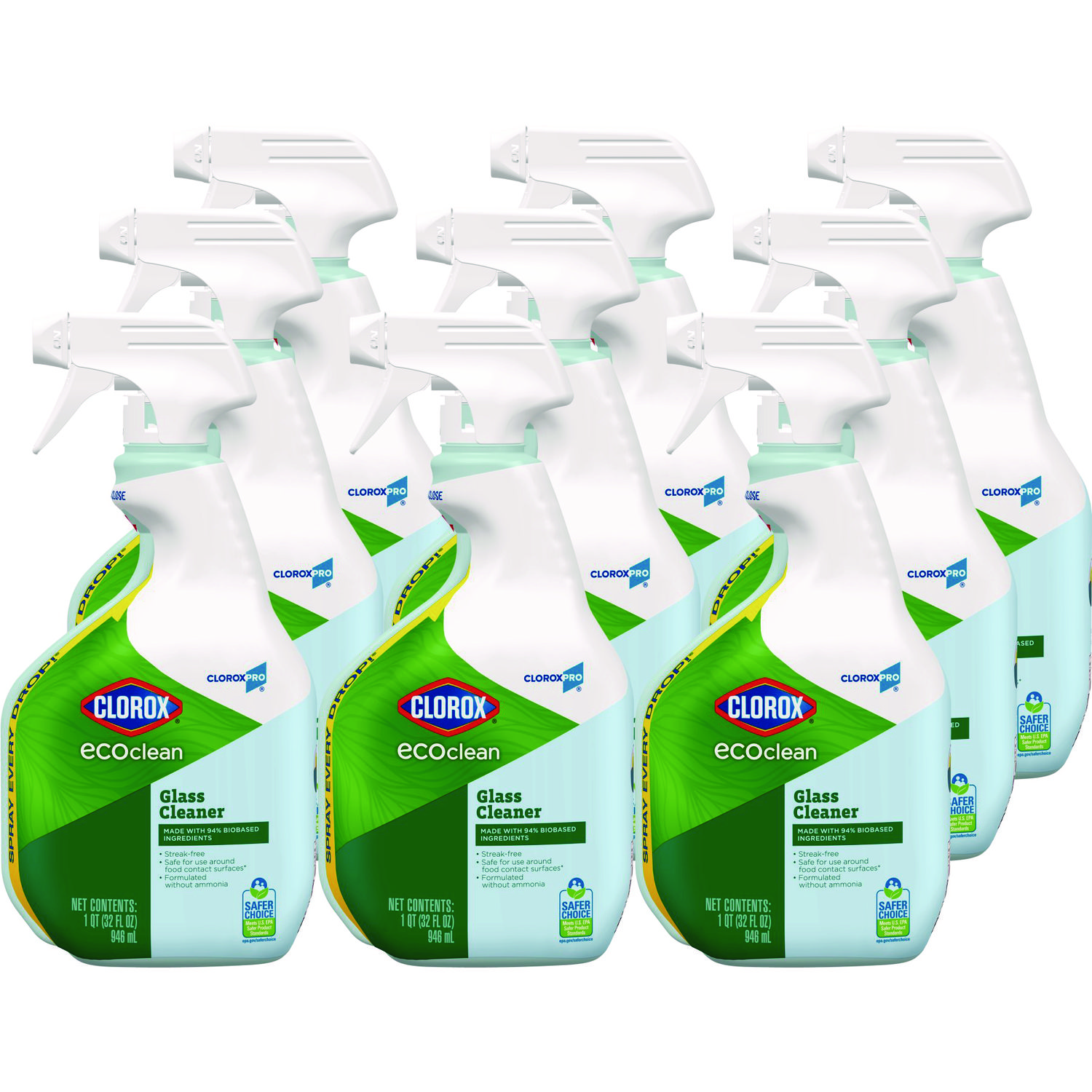 Clorox Pro EcoClean Glass Cleaner, Unscented, 32 oz Spray Bottle, 9/Carton