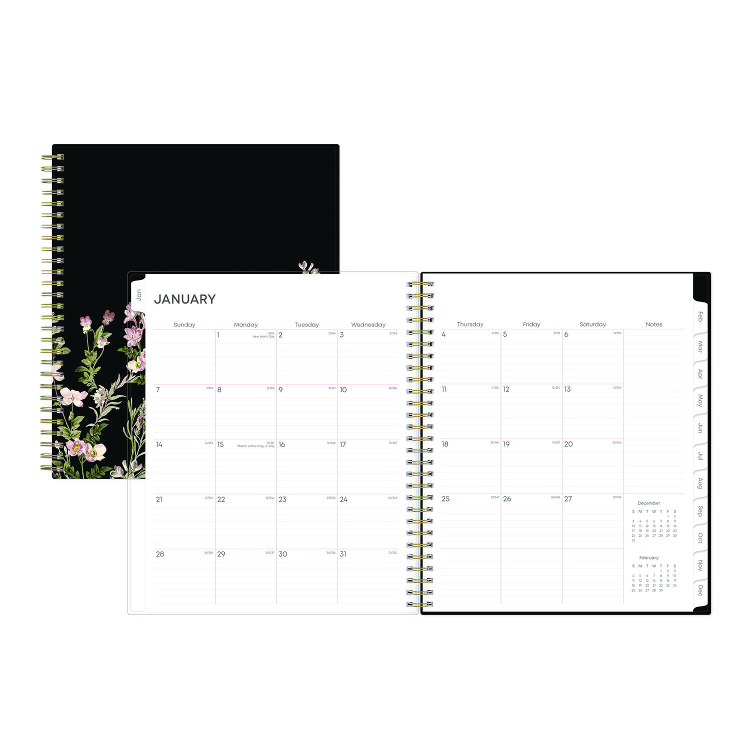 Nevaeh Monthly Planner, Floral Artwork, 10 x 8, Black/Multicolor Cover, 12-Month (Jan to Dec): 2025