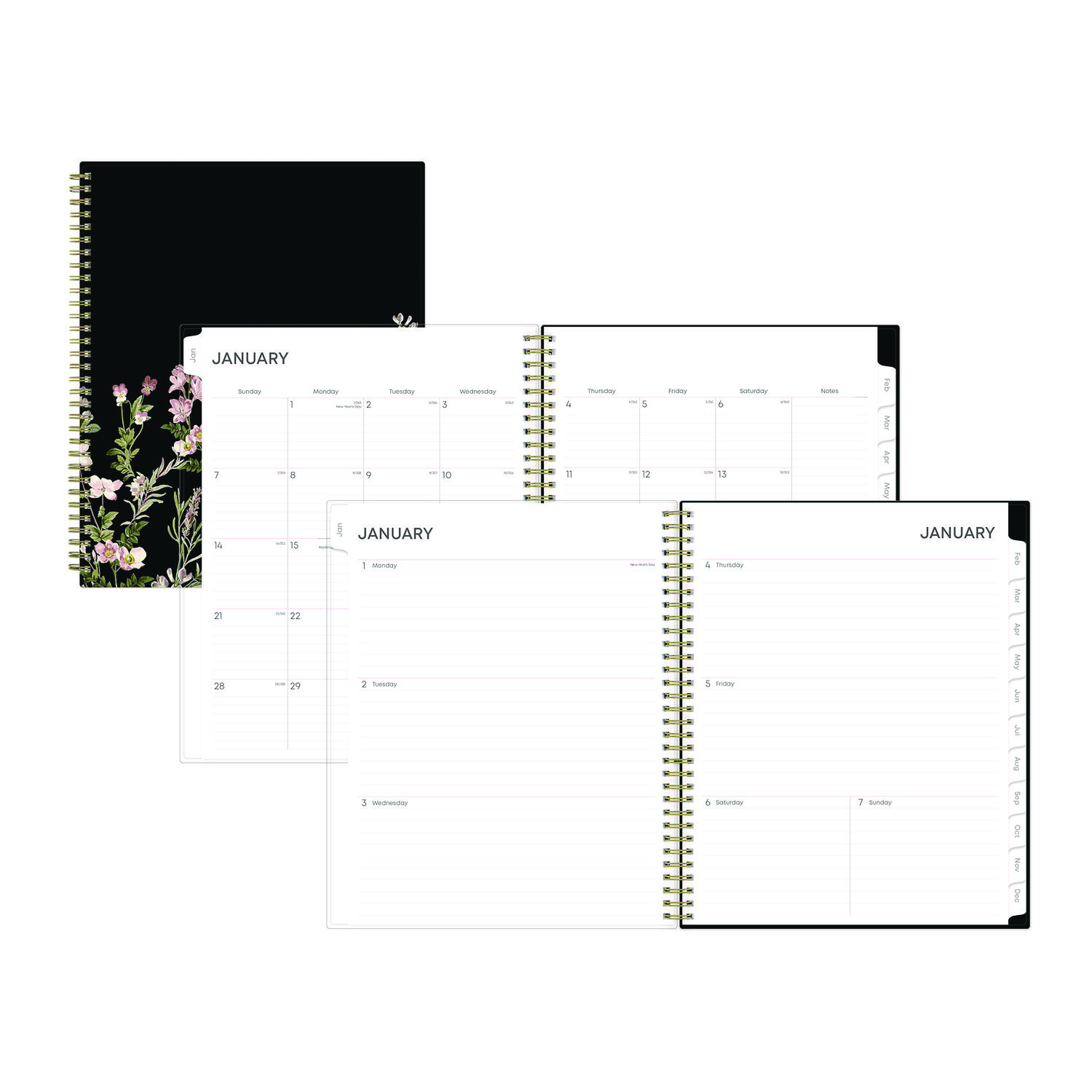 Nevaeh Weekly/Monthly Planner, Floral Artwork, 11 x 8.5, Black/Multicolor Cover, 12-Month (Jan to Dec): 2025