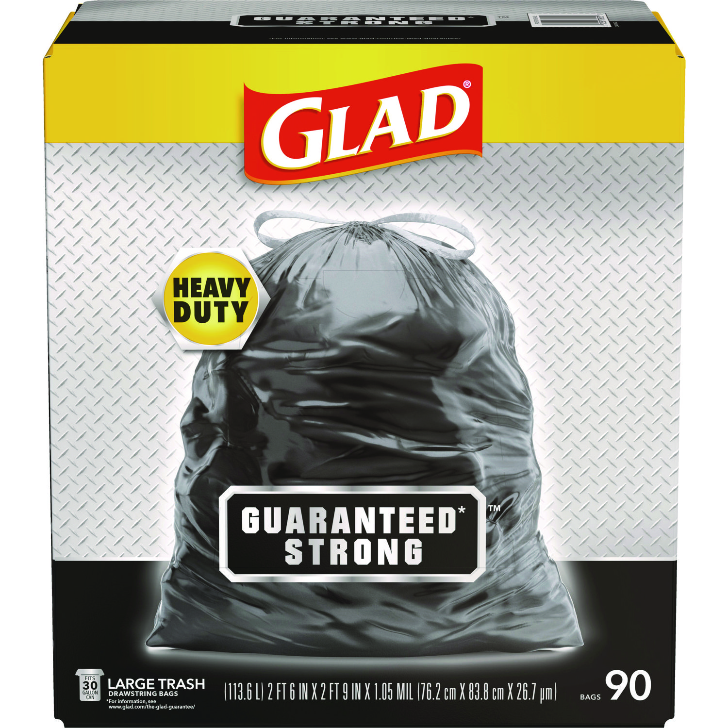 Guaranteed Strong Large Drawstring Trash Bags, Three-Ply, 30 gal, 1.05 mil, 30″ x 33″, Black, 90/Carton