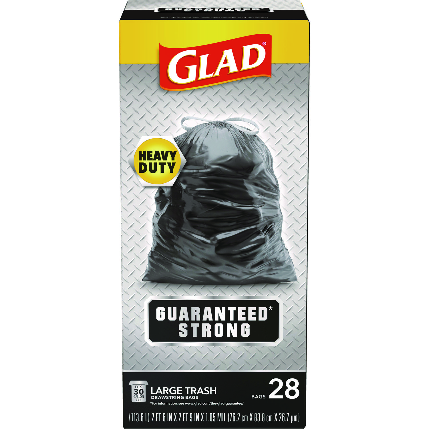 Guaranteed Strong Large Drawstring Trash Bags, Three-Ply, 30 gal, 1.05 mil, 30 x 33, Black, 28 Bags/Box, 6 Boxes/Carton