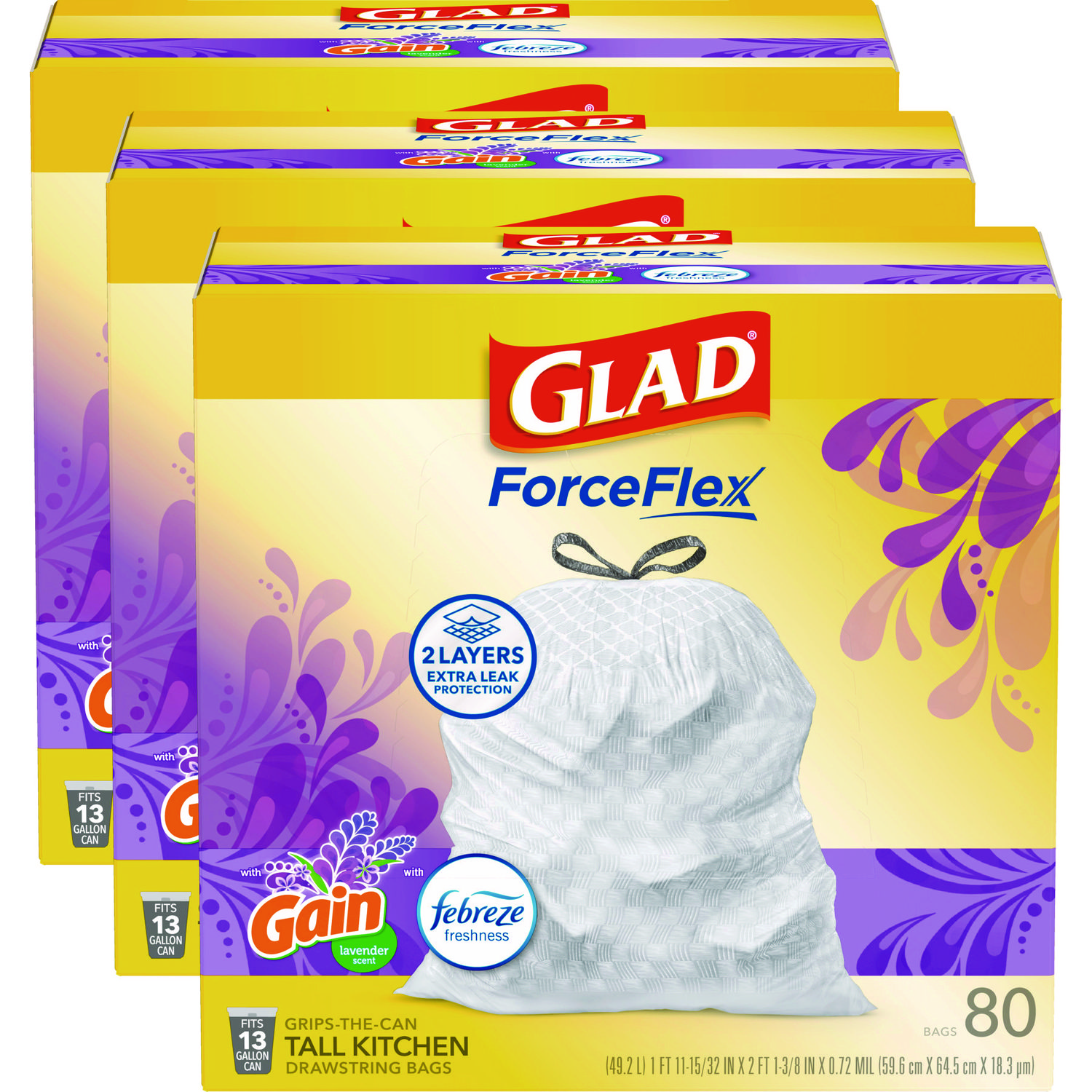 ForceFlex Kitchen Drawstring Trash Bags, 13 gal, Gain Lavender Scent, 24 x 27.38, White, 80 Bags/Box, 3 Boxes/Carton