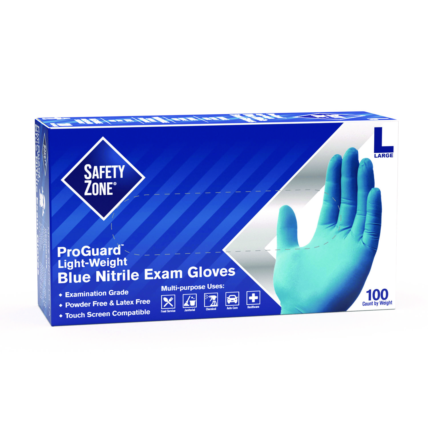 ProGuard Nitrile Gloves, Powder-Free, Large, 3 mil (Palm), 3.5 mil (Fingers), Blue, 100/Box, 10 Boxes/Carton
