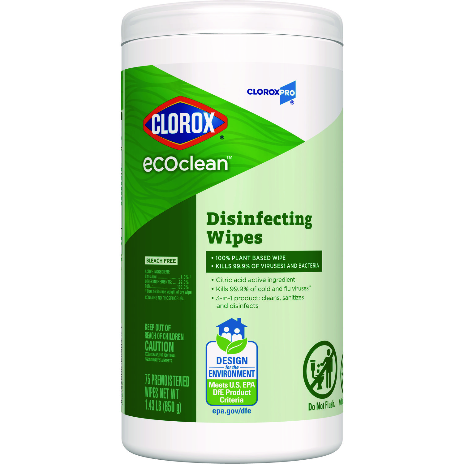 EcoClean Disinfecting Wipes, 1-Ply, 8 x 7, Unscented, White