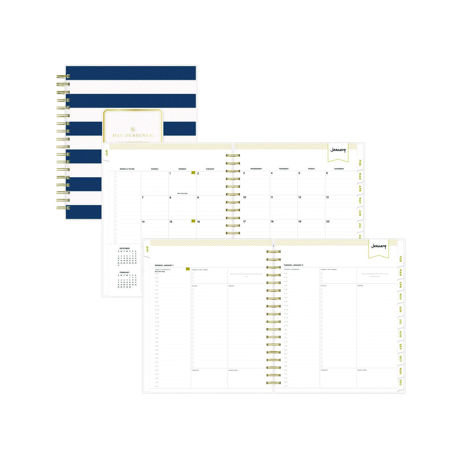 Day Designer Navy Stripe Daily/Monthly Planner, Horizontal Stripe Artwork, 10 x 8, Navy/White Cover, 12-Month (Jan-Dec): 2025