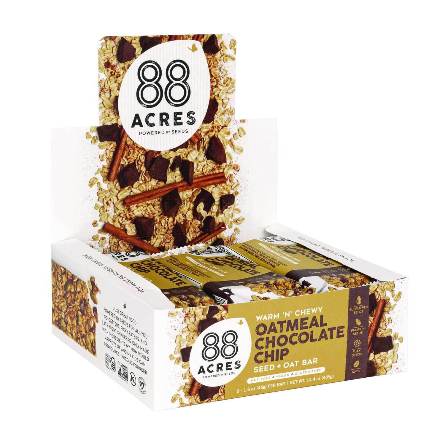 88 ACRES Warm 'N Chewy Gluten-Free Oatmeal/Chocolate Chip Seed and Oat Bar, 1.6 oz Bar, 9/Box