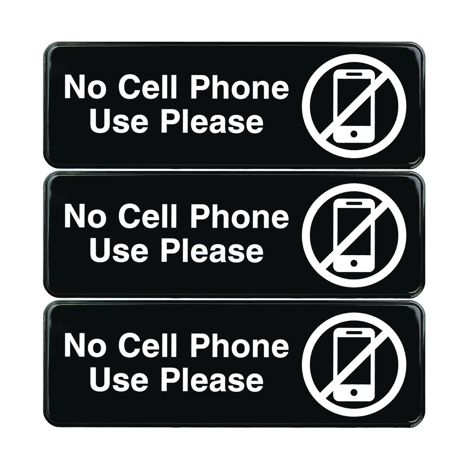 Excello Global Products® No Cell Phone Use Please Indoor/Outdoor Wall Sign, 9 x 3, Black Face, White Graphics, 3/Pack