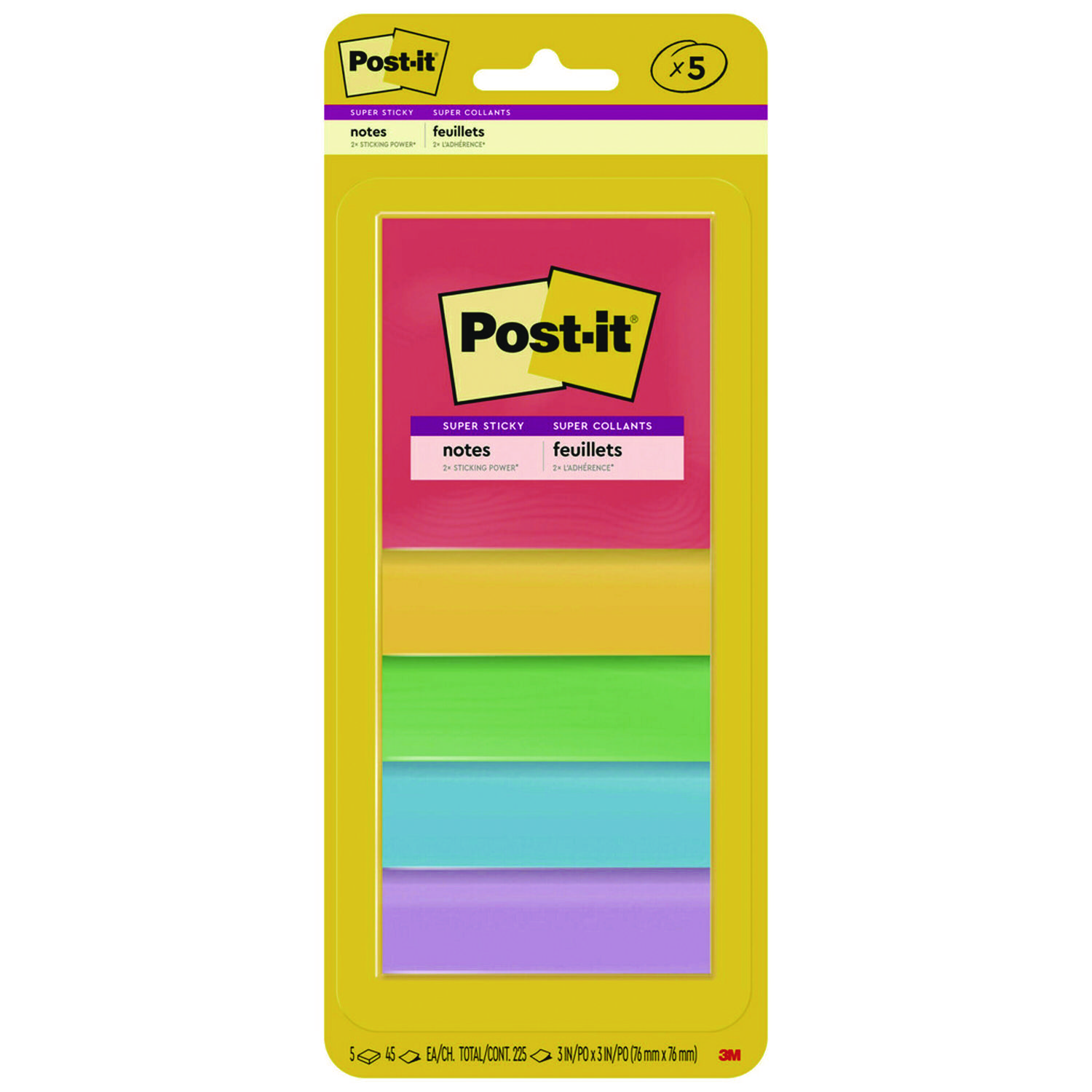 Post-it® Notes Super Sticky Pads in Playful Primary Colors, 3 x 3, 45 Sheets/Pad, 5 Pads/Pack