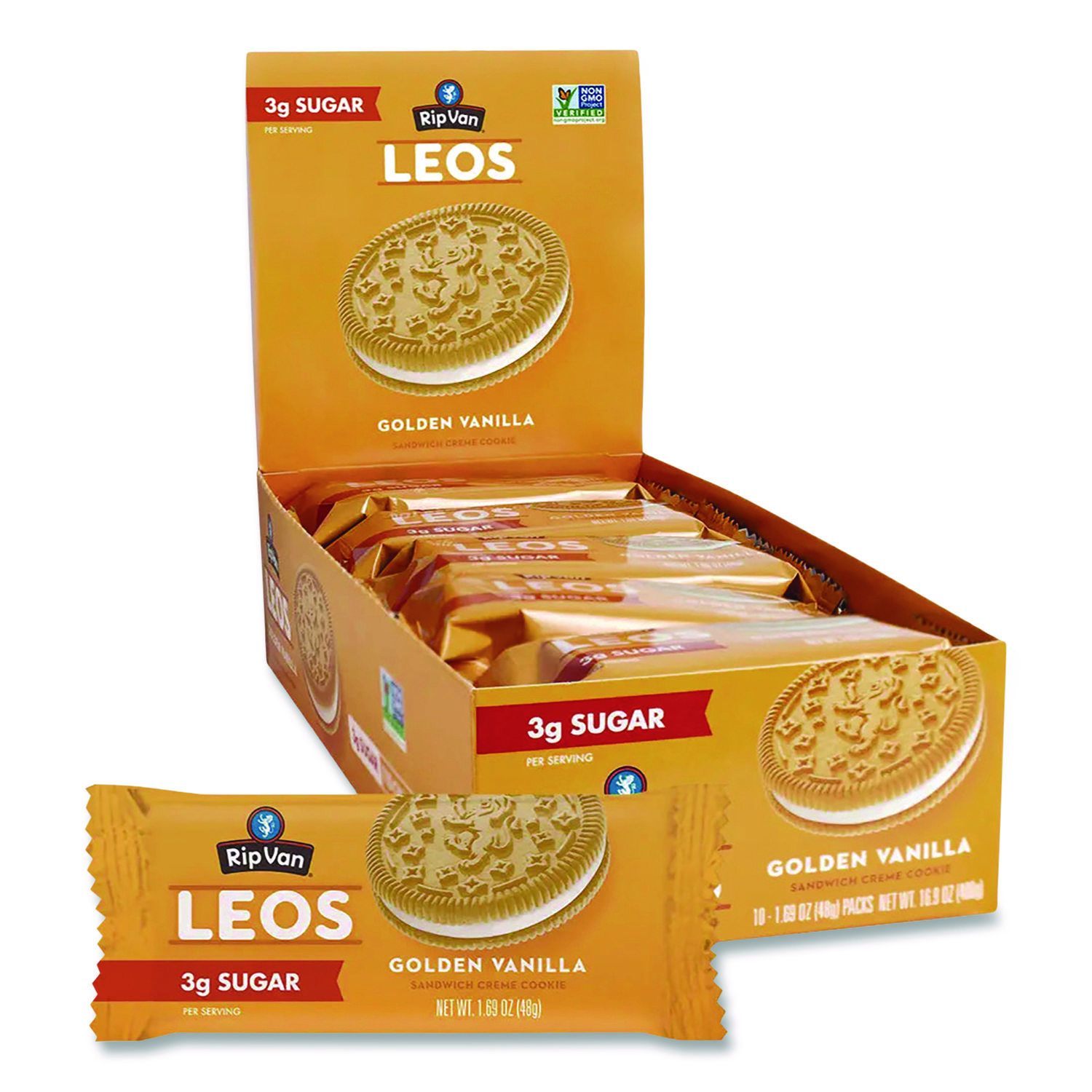 Rip Van® Leos Golden Vanilla Sandwich Cookies, 2 Cookies/Pack, 10 Packs/Box