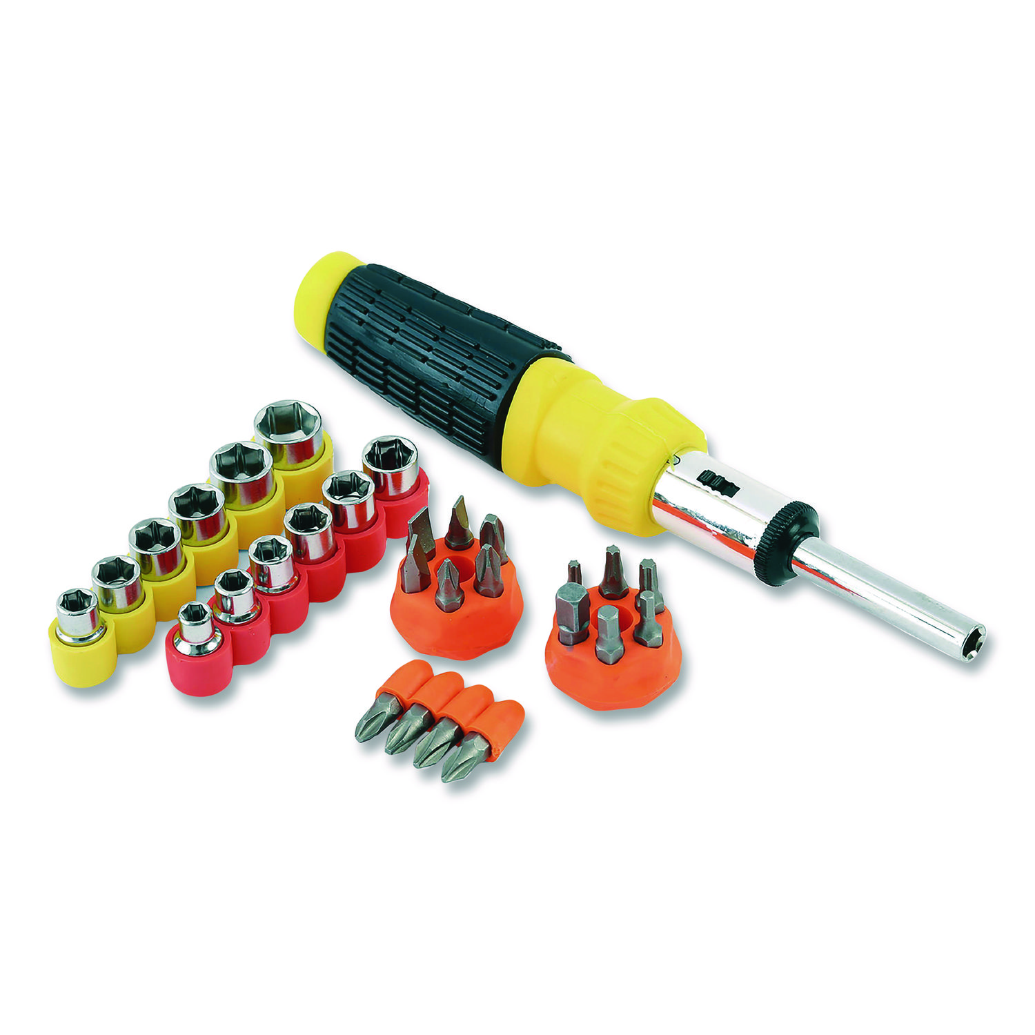 Great Neck® Ratcheting Screw/Nut Driver Set, 34-Piece, Hex/Phillips/Slotted/Star Bits, Metric/SAE Sockets, 8 Long, Yellow/Black Handle