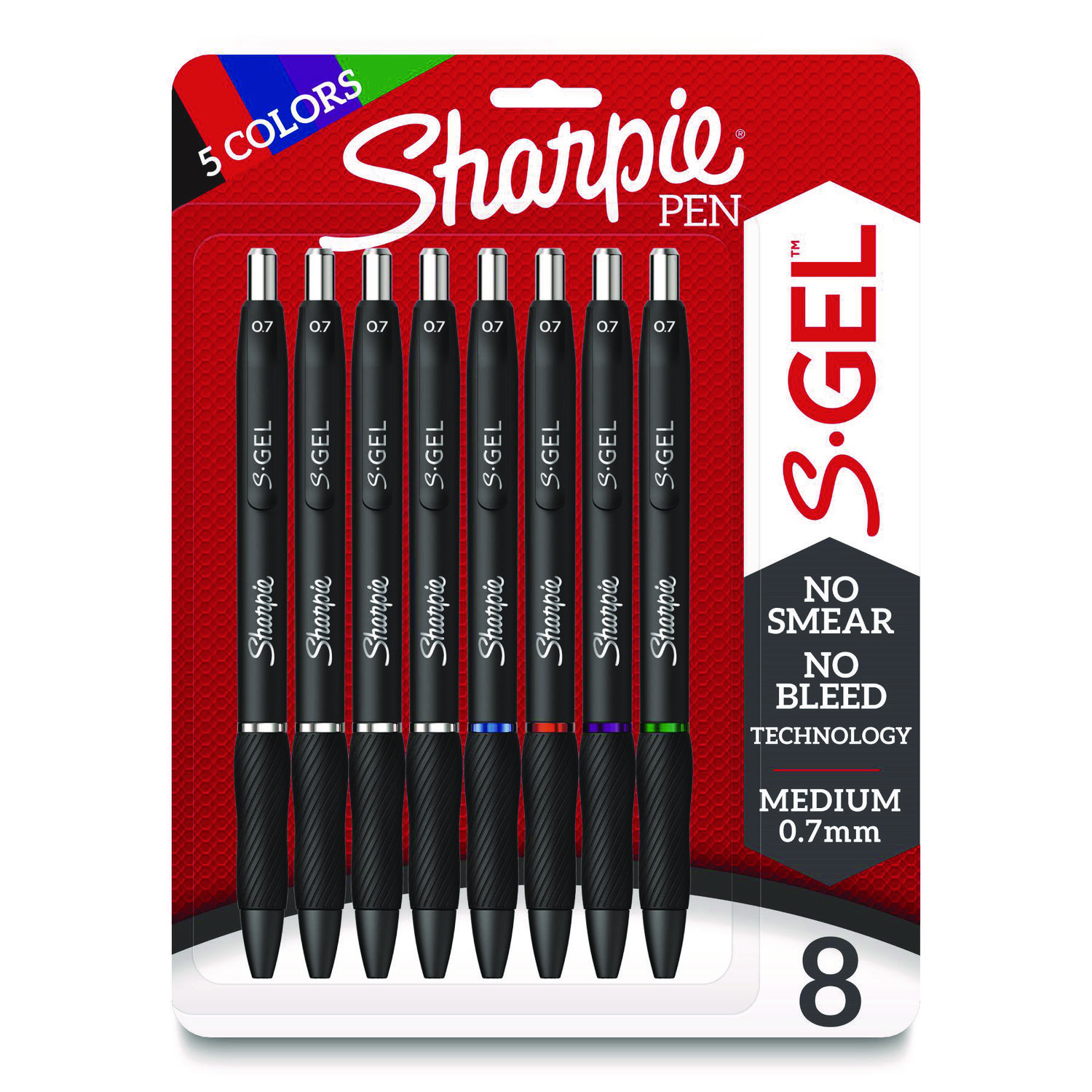 S-Gel High-Performance Gel Pen, Retractable, Medium 0.7 mm, Assorted Ink Colors, Black Barrel, 8/Pack