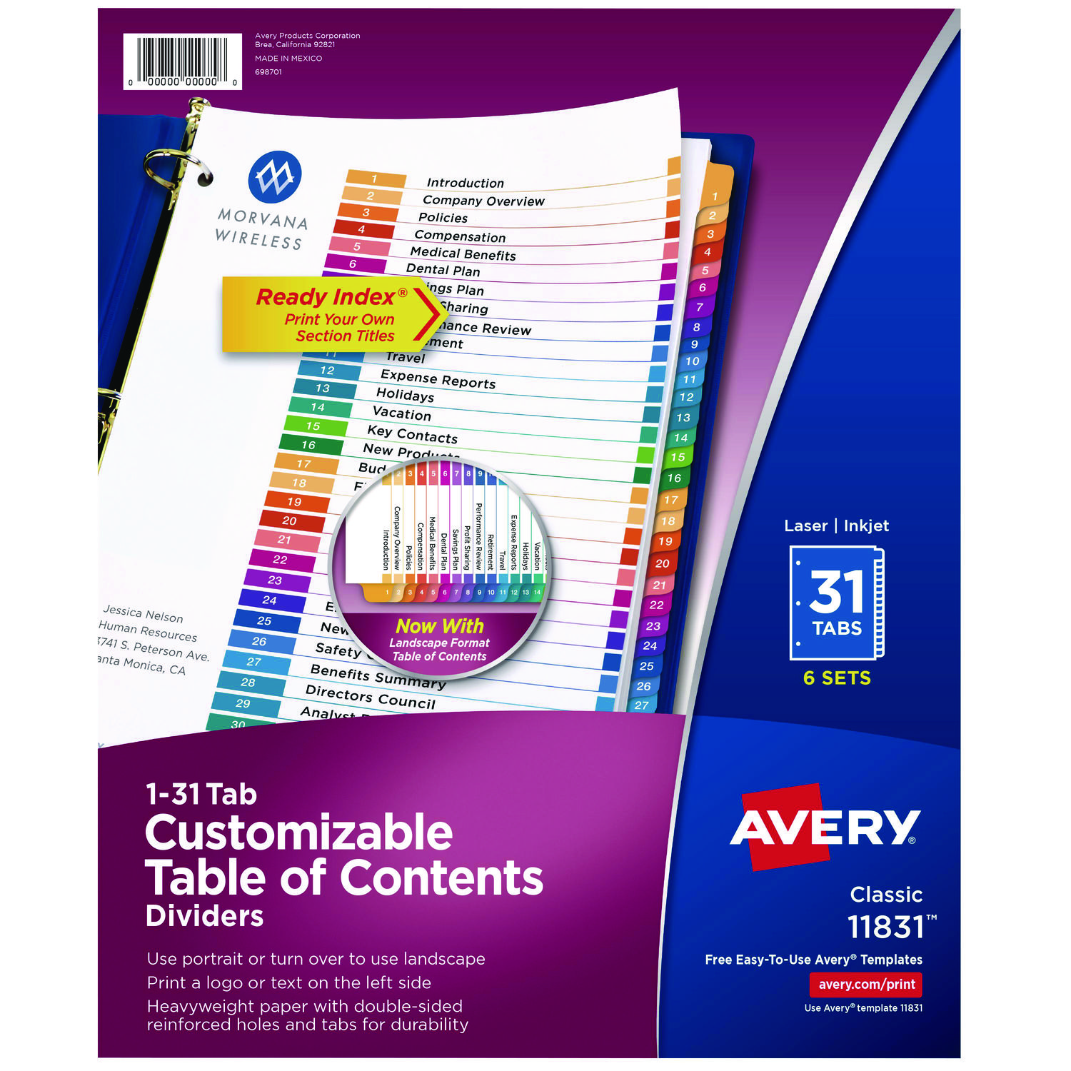 Customizable Table of Contents Ready Index Multicolor Dividers, 31-Tab, 1 to 31, 11 x 8.5, White, 6 Sets