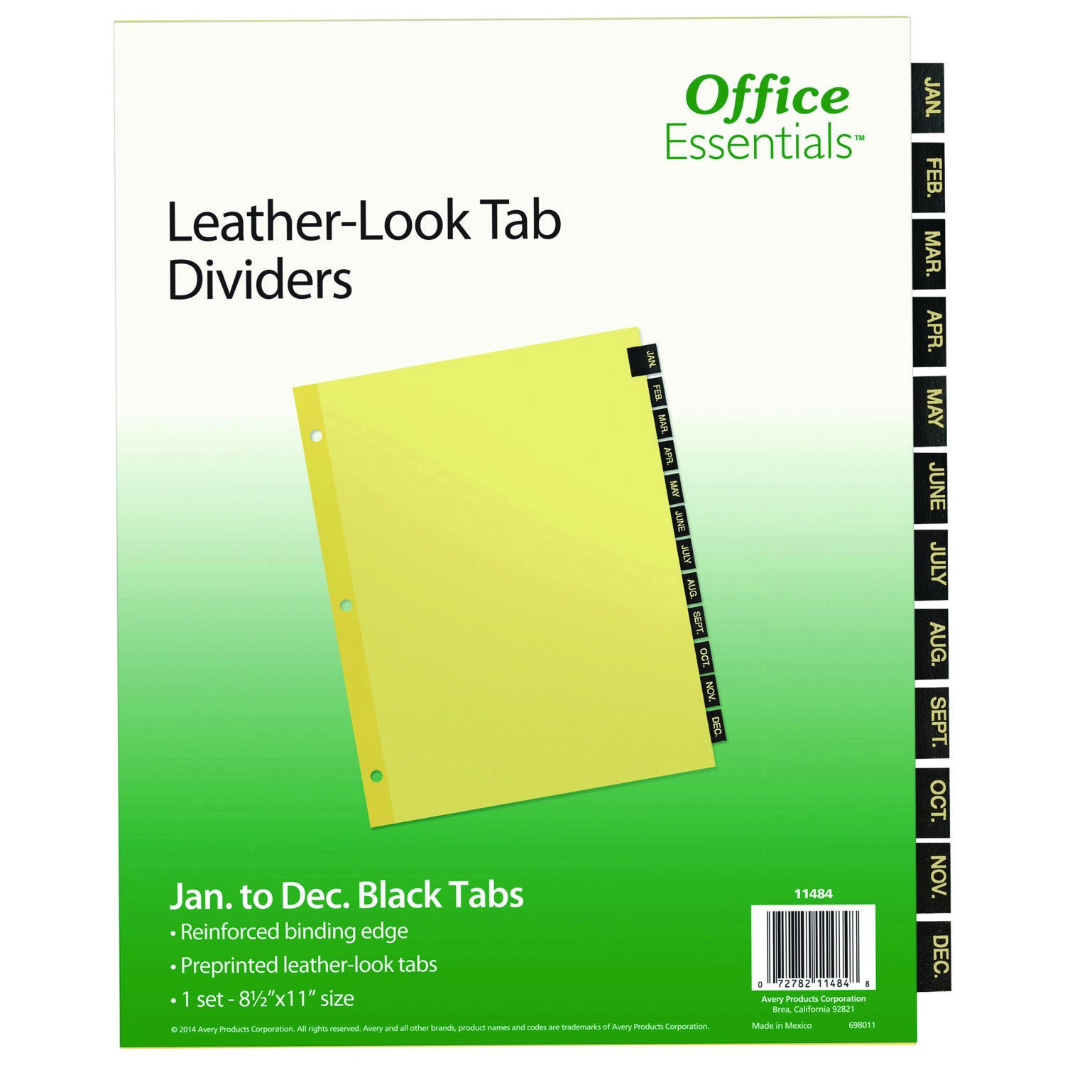 Preprinted Black Leather Tab Dividers, 12-Tab, Jan. to Dec., 11 x 8.5, Buff, 1 Set