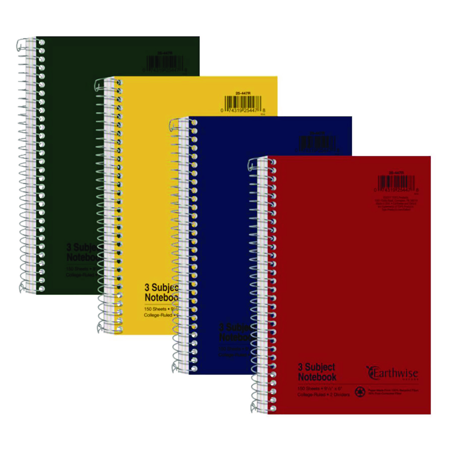 Earthwise by Oxford Recycled Small Notebooks, 3-Subject, Medium/College Rule, Randomly Assorted Covers, (150) 9.5 x 6 Sheets