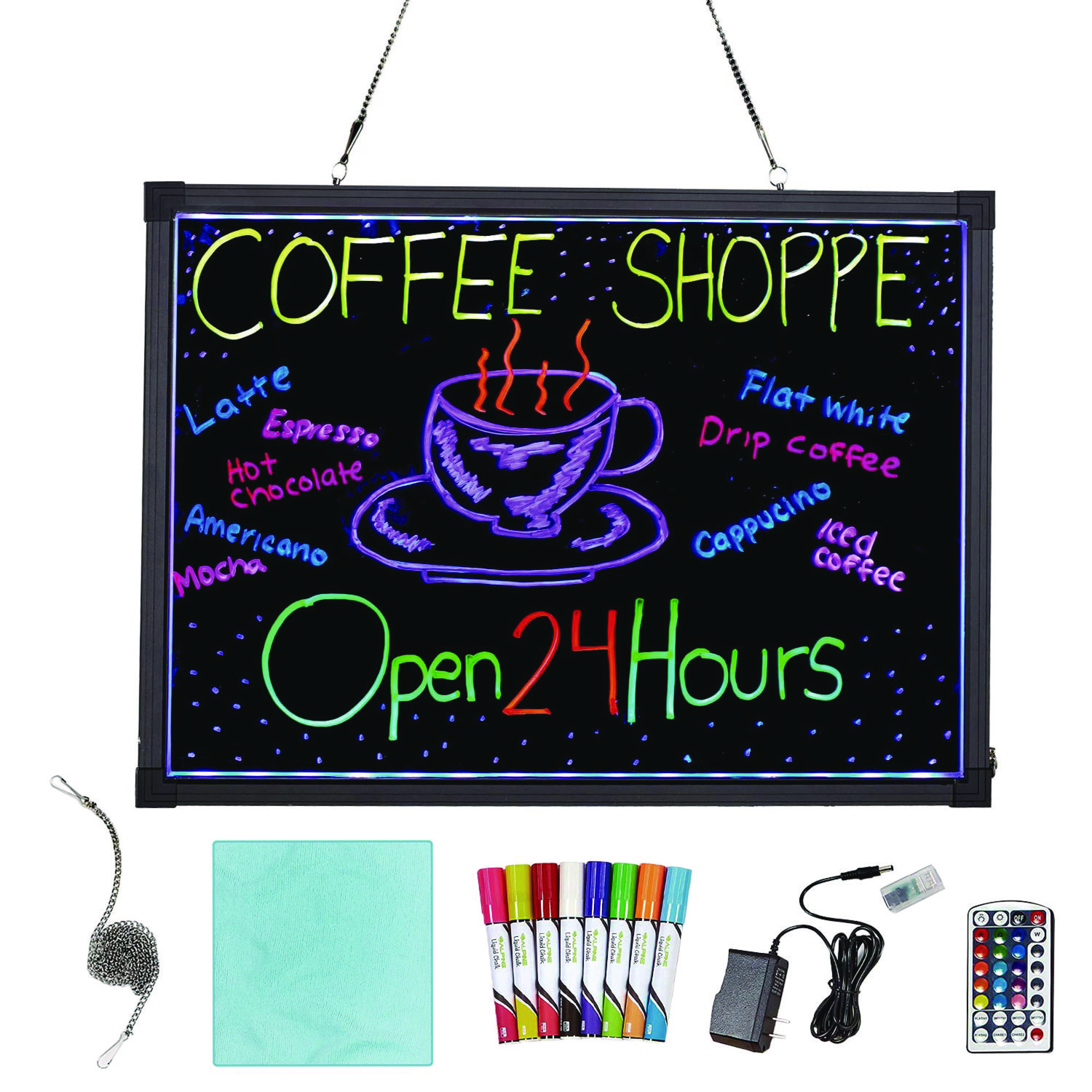 LED Illuminated Hanging Message Writing Board, 19.7" x 27.6", Black Surface, Black Aluminum Frame