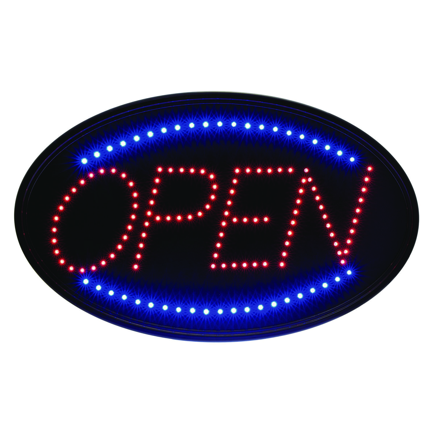 LED Oval Open Sign, 23 x 14, Black Frame, Blue/Red Graphics