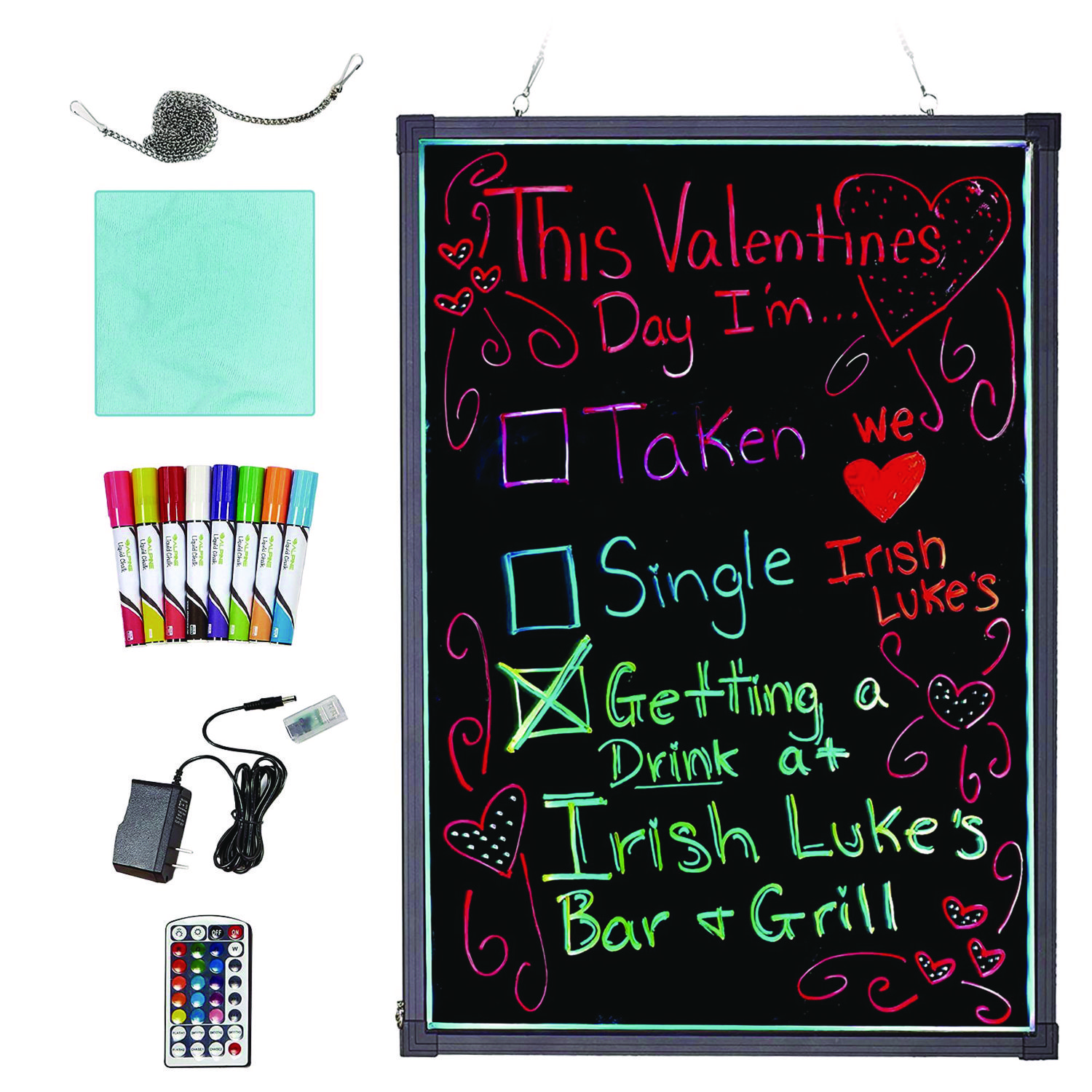 LED Illuminated Hanging Message Writing Board, 23.6" x 31.5", Black Surface, Black Aluminum Frame