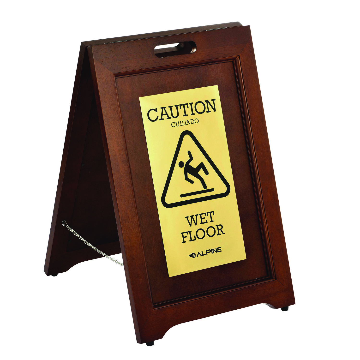 2-Sided Plated Wooden A-Frame Bilingual Wet Floor Sign, 15 x 2 x 24, Brass