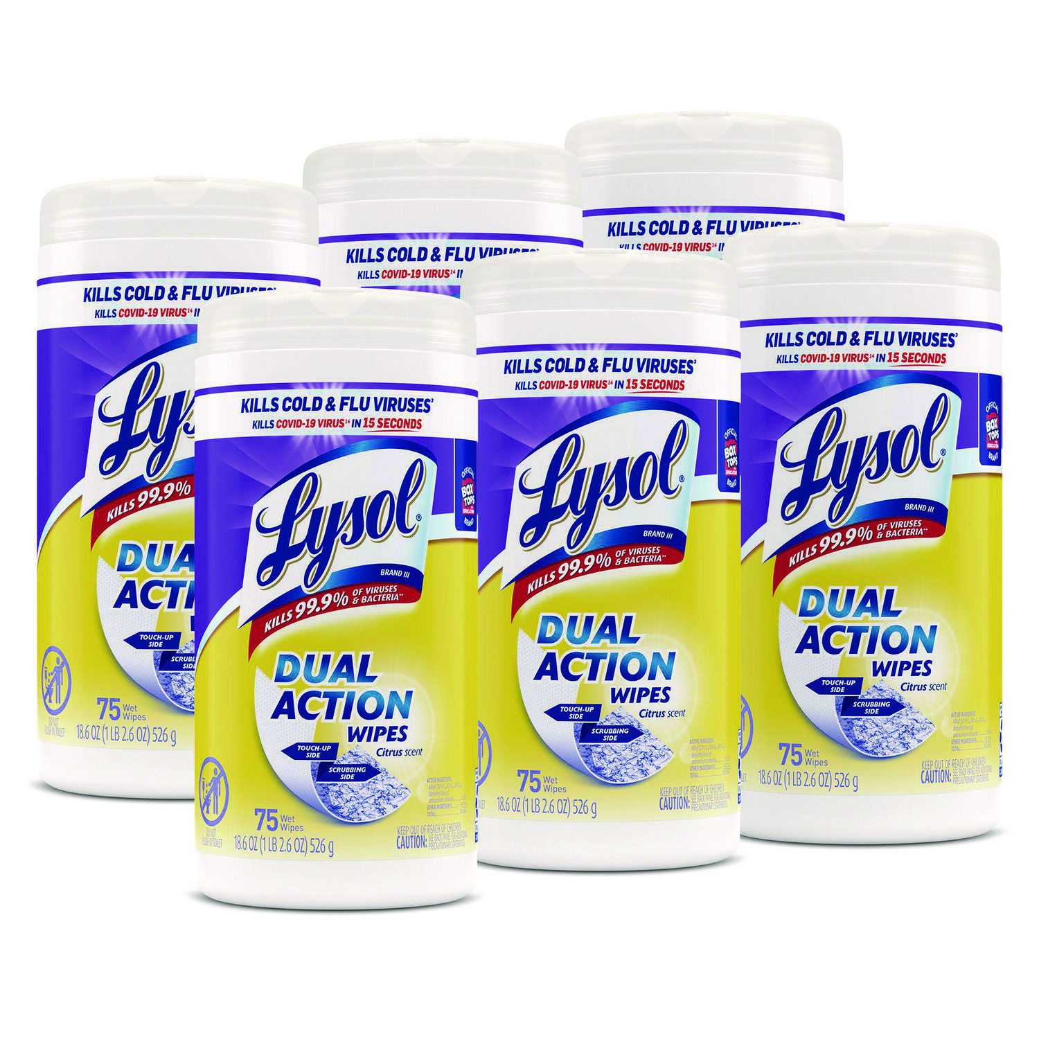 Dual Action Disinfecting Wipes, 1-Ply, 7 x 7.5, Citrus, White/Purple, 75/Canister, 6 Canisters/Carton