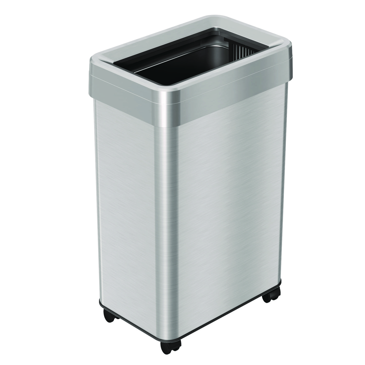 Open Top Trash Can with Wheels, Rectangular, 16 gal, Plastic/Stainless Steel, Silver