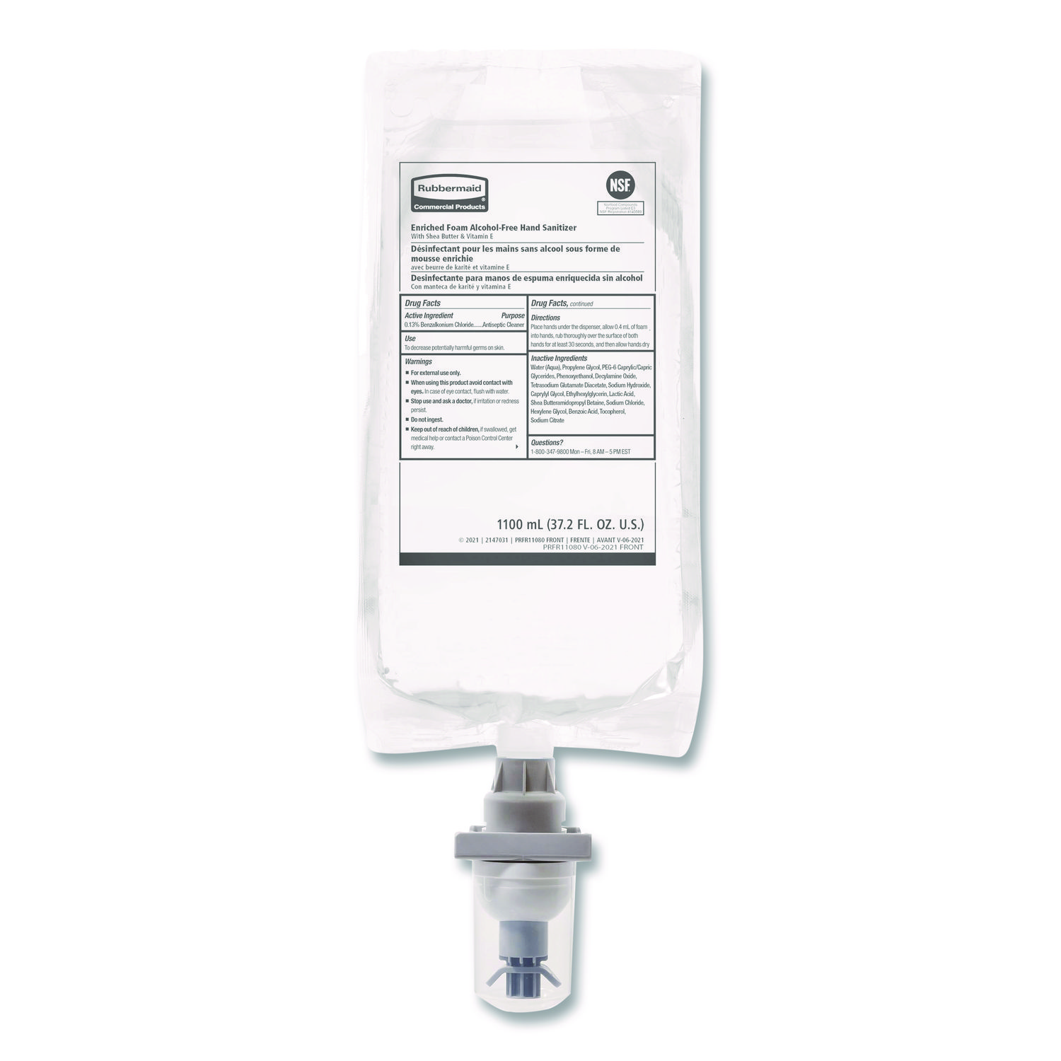 Rubbermaid Commercial Hand Sanitizer Foam Refill - Fragrance-free Scent - 37.2 fl oz (1100 mL) - Kill Germs - Hand - White Clear - Dye-free, Hygienic - 4 / Carton