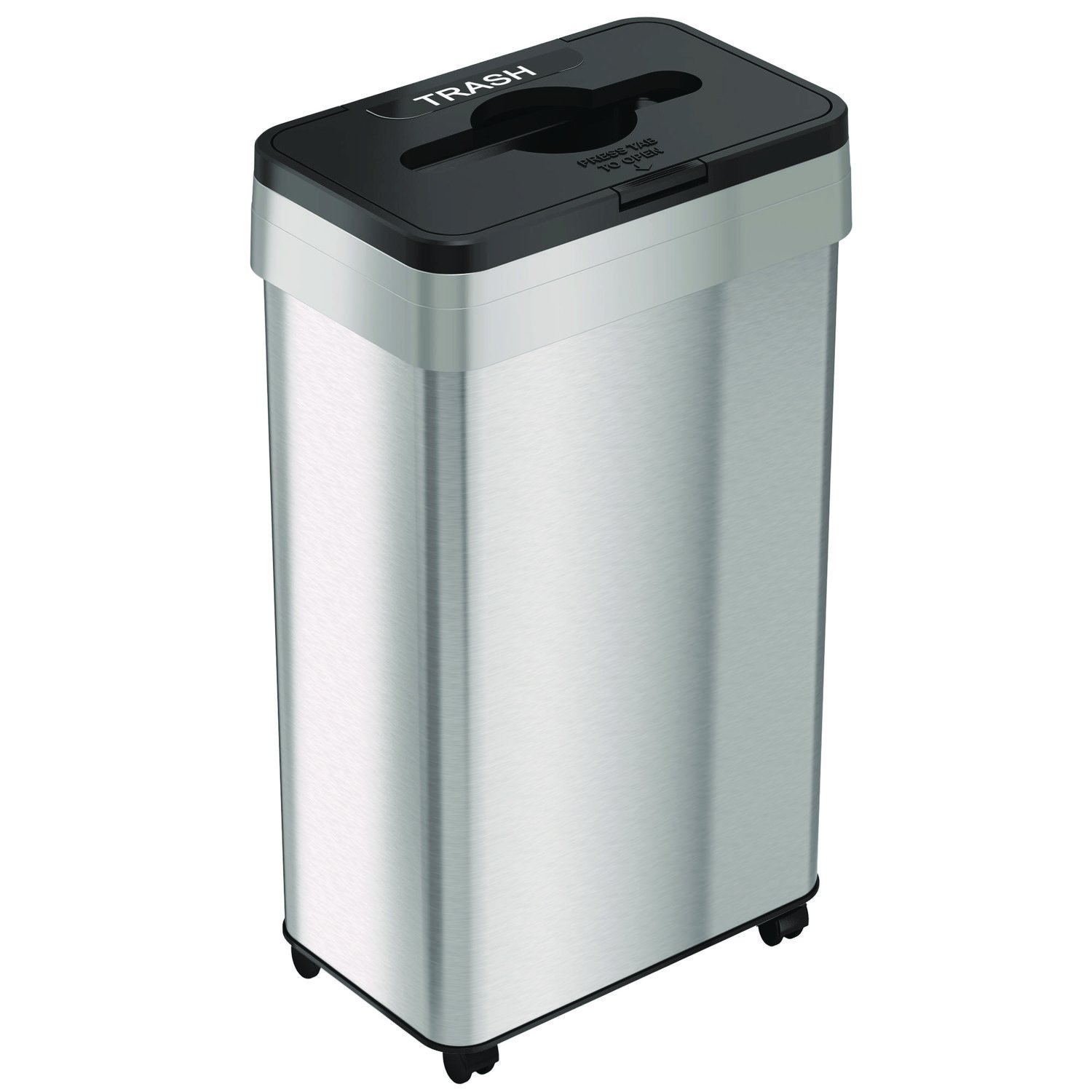 Open Top Trash Bin with Wheels and Color-Coded Lid, 21 gal, Plastic/Stainless Steel, Silver/Black