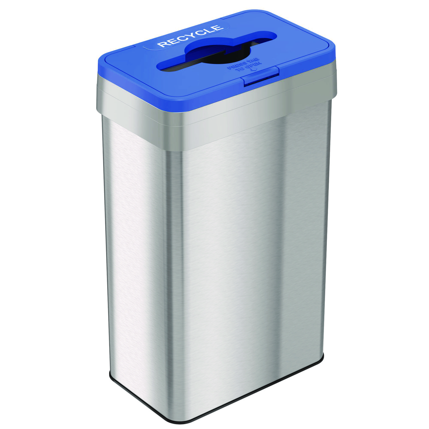 Open Top Recycle Bin with Color-Coded Lid, 21 gal, Plastic/Stainless Steel, Silver/Blue