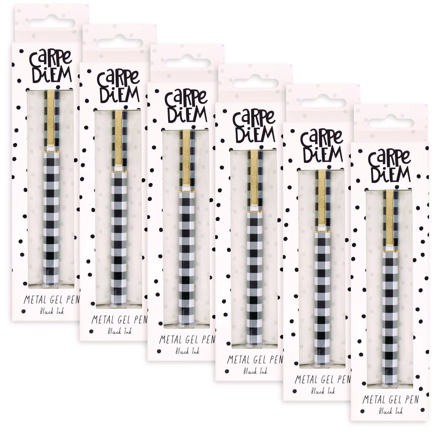 Carpe Diem All Metal Gel Pens Gel Pen, Stick, Medium 0.7 mm, Black Ink, Black/White Check Barrel, 6/Pack