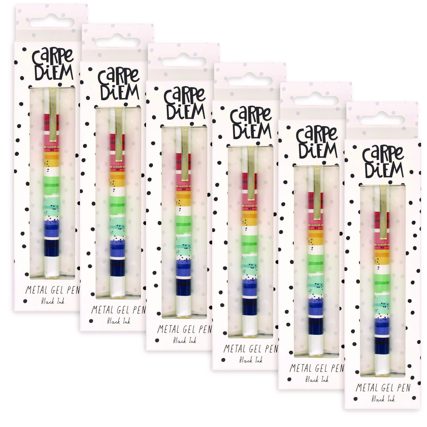 Carpe Diem All Metal Gel Pens Gel Pen, Stick, Medium 0.7 mm, Black Ink, Color Wash Multicolor Barrel, 6/Pack