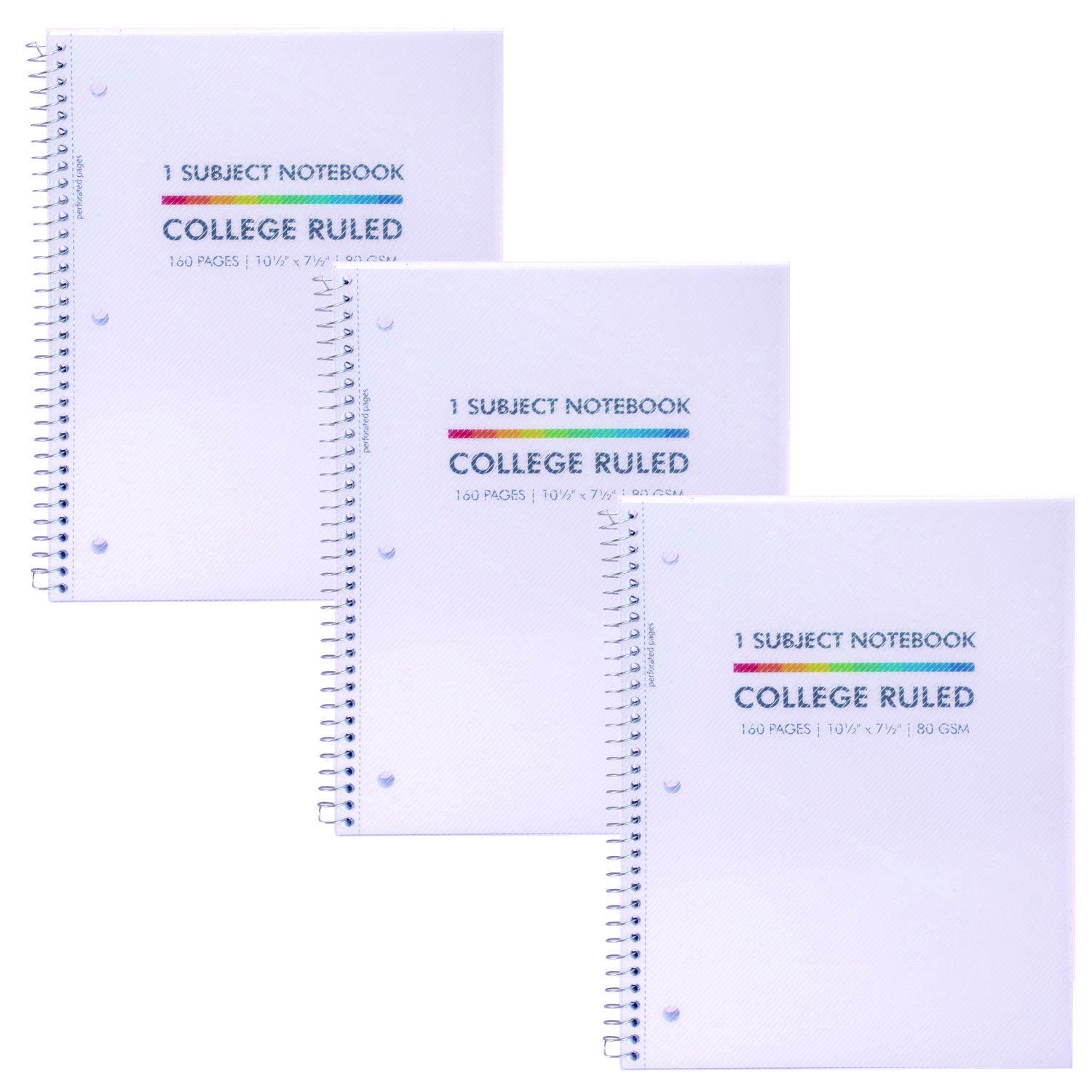 Letter Size 1-Subject Notebook, Medium/College Rule, White Cover, (80) 10.5 x 8 Sheets, 3/Pack