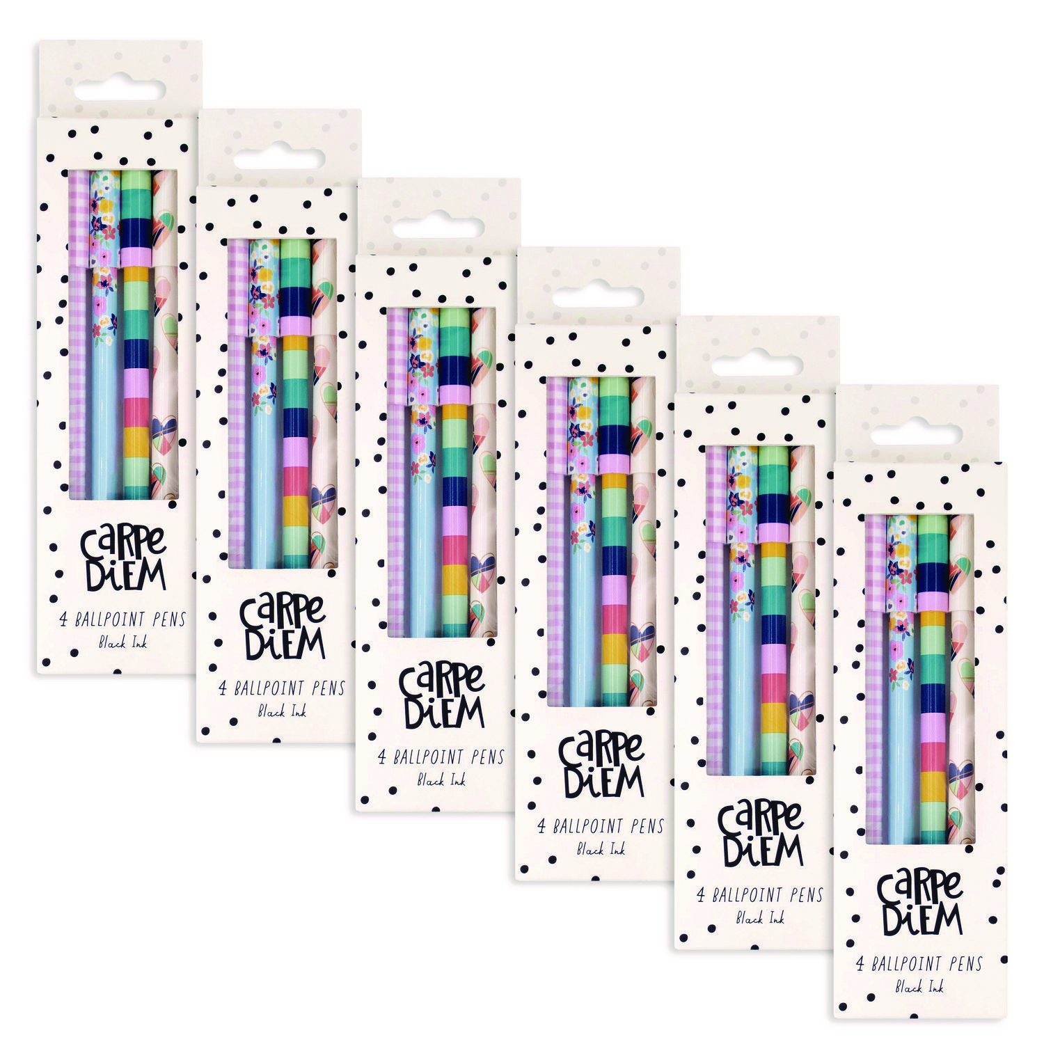 Carpe Diem Ballpoint Pen, Stick, Medium 0.7 mm, Black Ink, Assorted Ditzy Floral Collection, 4 Pens/Pack, 6 Packs/Box